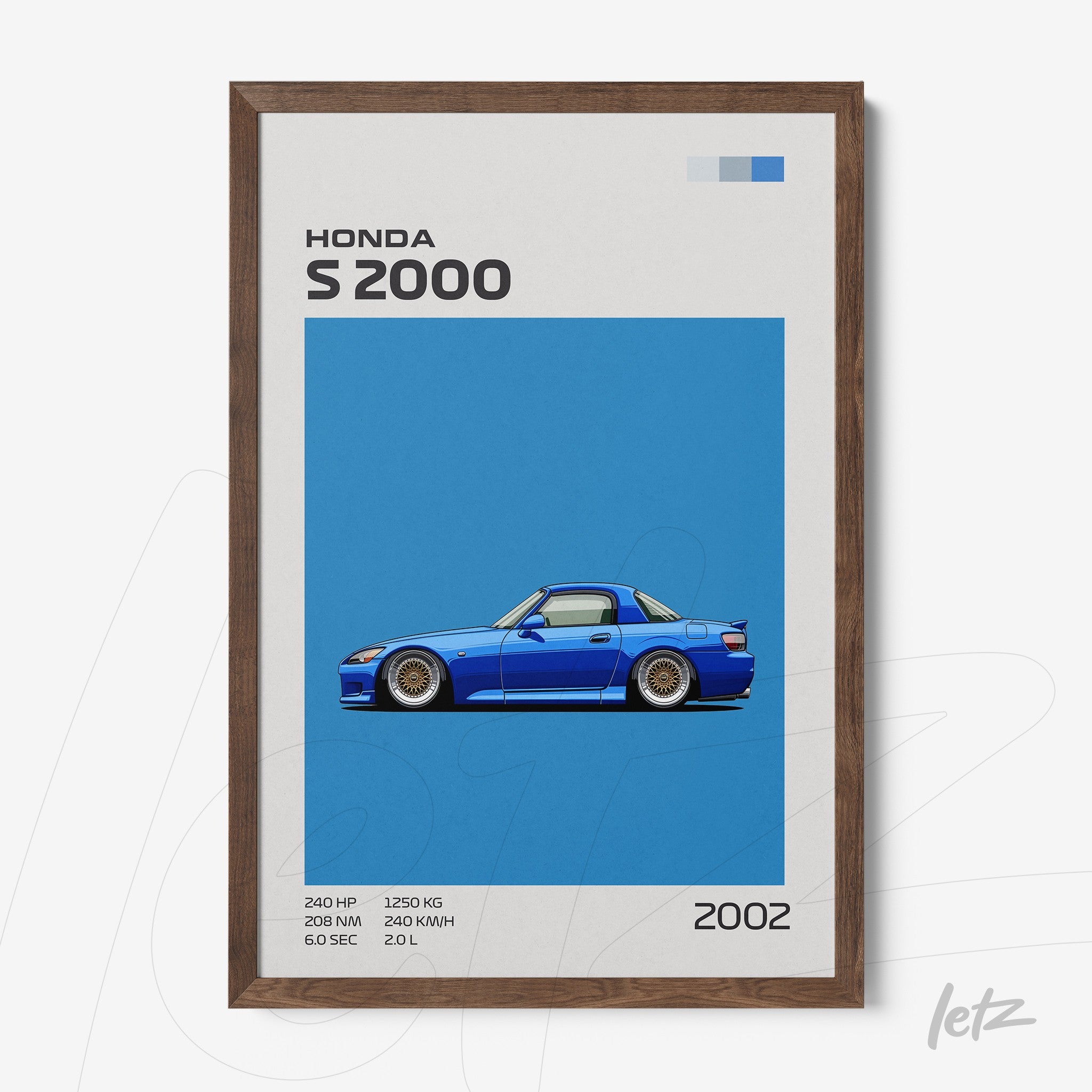 quadro com arte digital do carro Honda S2000 em moldura de madeira escura com fundo azul vibrante