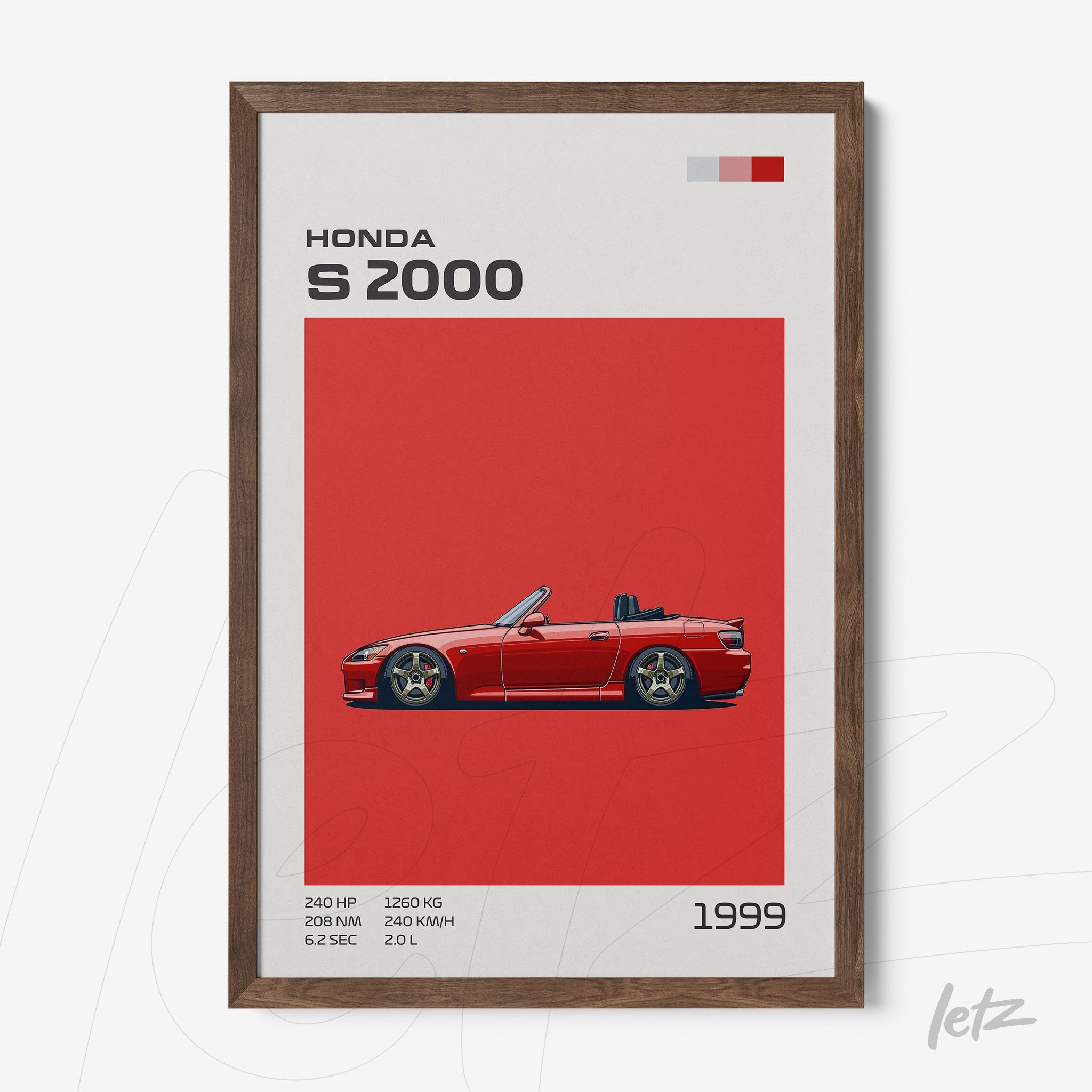 quadro com ilustração da Honda S2000 em fundo vermelho vibrante e moldura de madeira escura