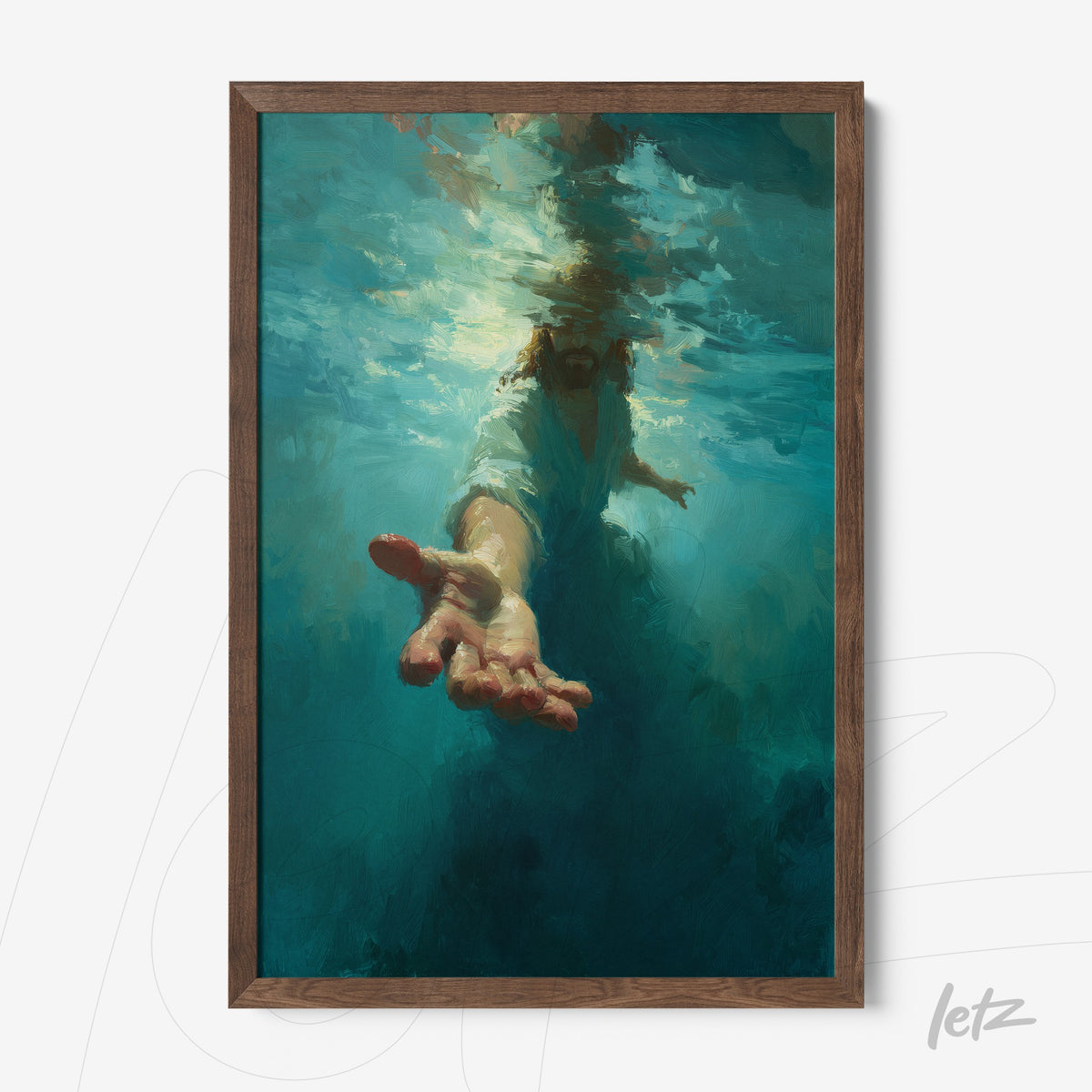 quadro com arte figurativa de pessoa emergindo debaixo da água em moldura de madeira marrom