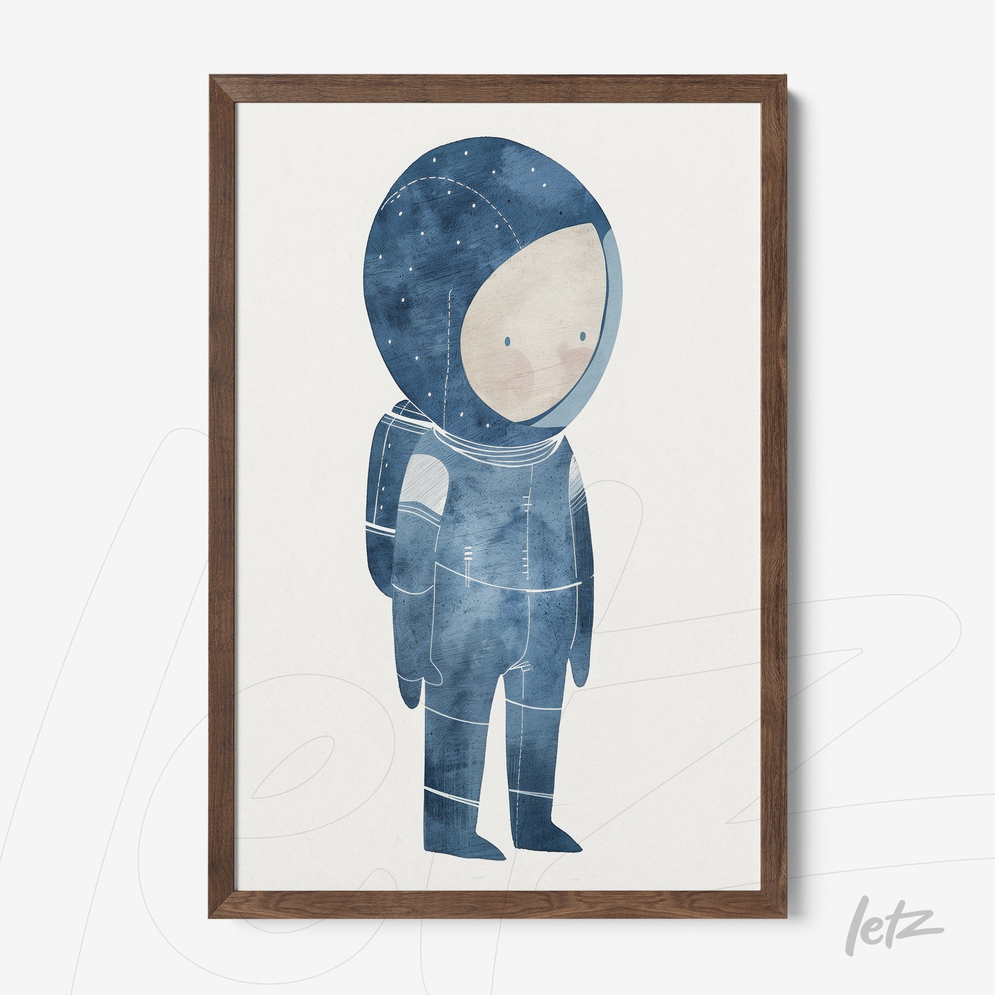 quadro com ilustração de astronauta em tons de azul, com moldura de madeira escura
