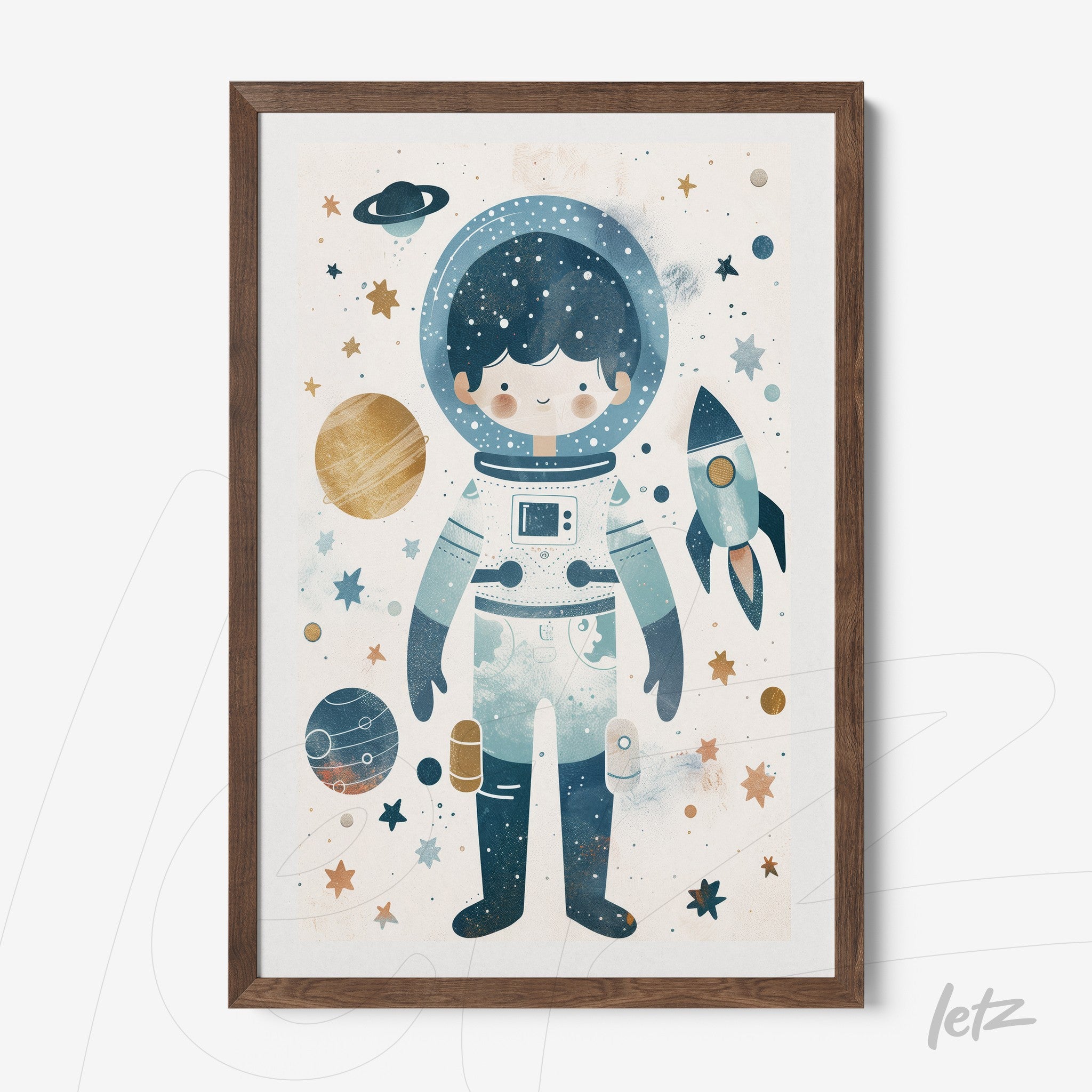 quadro com ilustração de astronauta em tons de azul com fundo estrelado e moldura de madeira escura