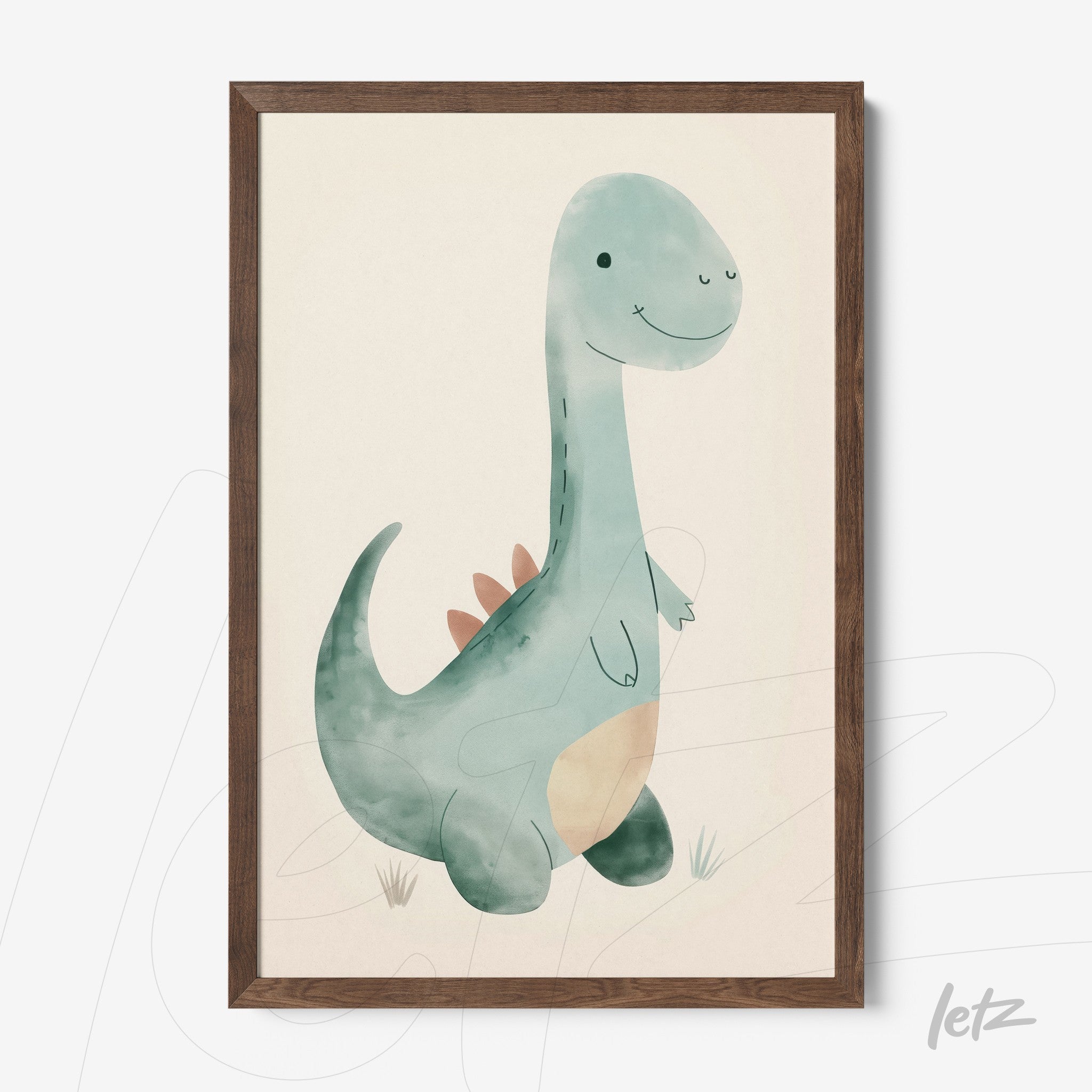 quadro em moldura de madeira com arte de dinossauro azul claro em estilo aquarela