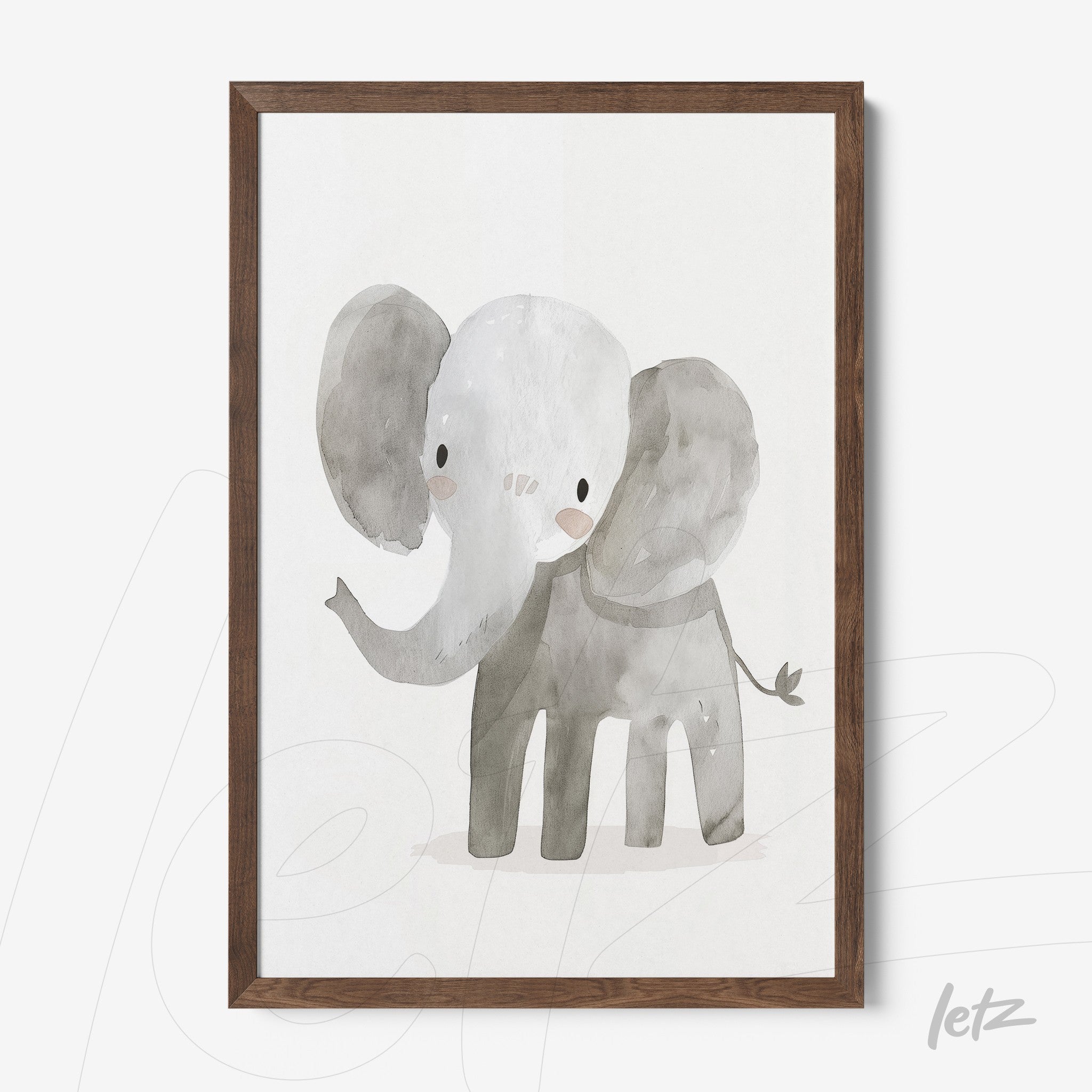 quadro com ilustração de elefante em aquarela em moldura de madeira escura