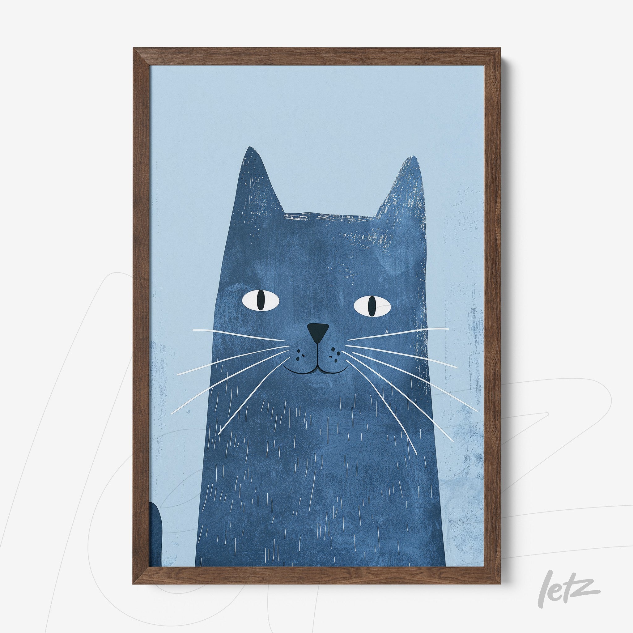 quadro com ilustração de gato azul em fundo azul claro e moldura de madeira escura