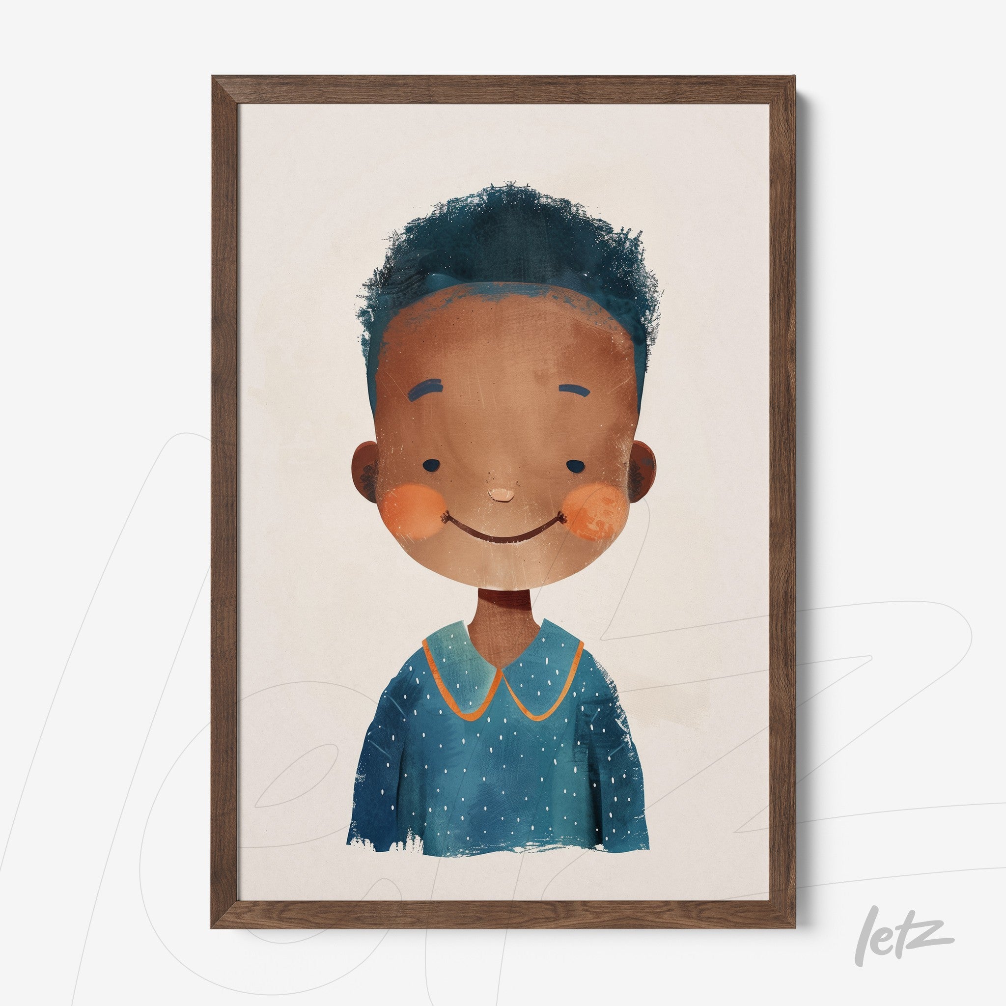 quadro com ilustração infantil de menino com cabelo crespo e camiseta azul, em moldura de madeira escura