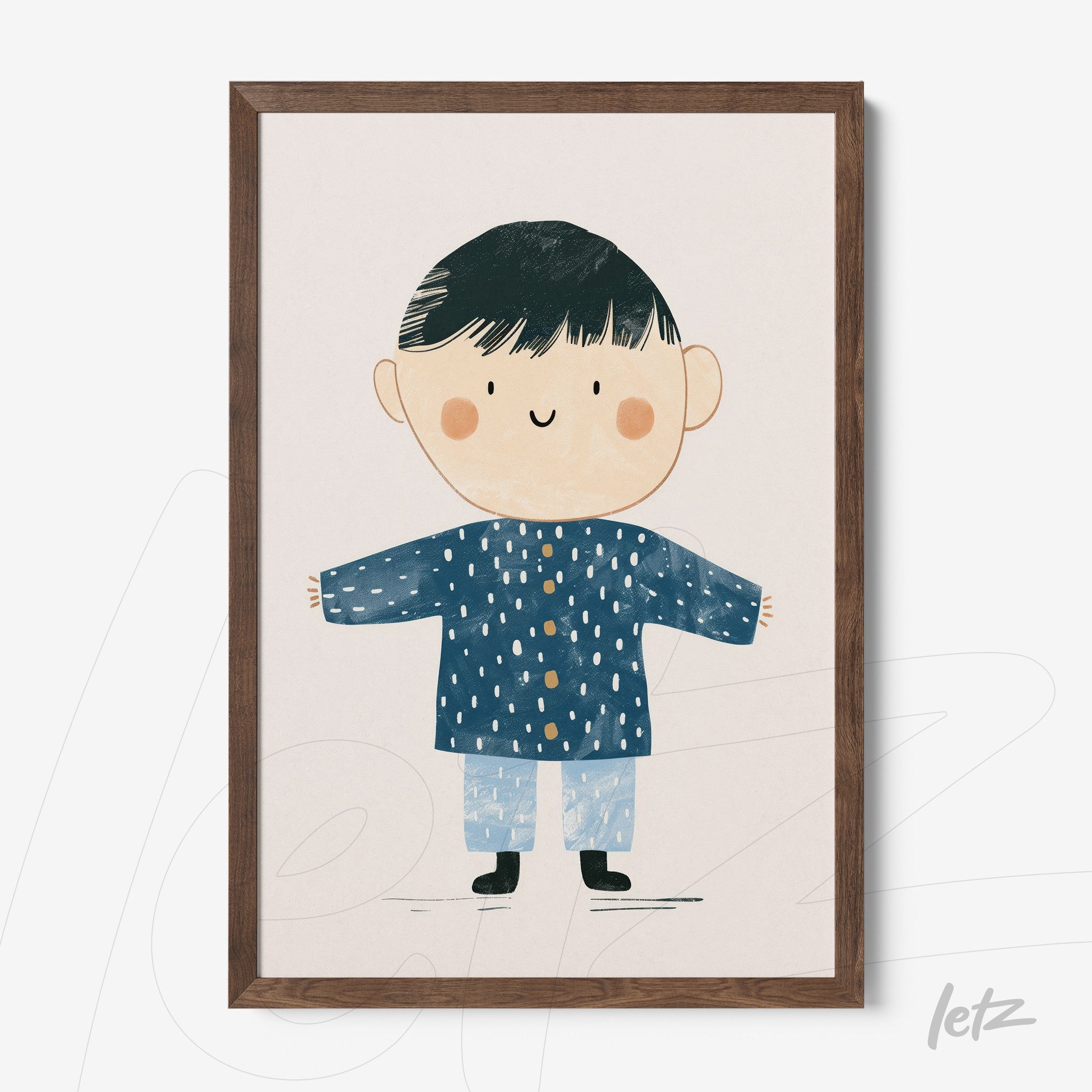 quadro com ilustração infantil de menino com chapéu e casaco azul, moldura de madeira escura