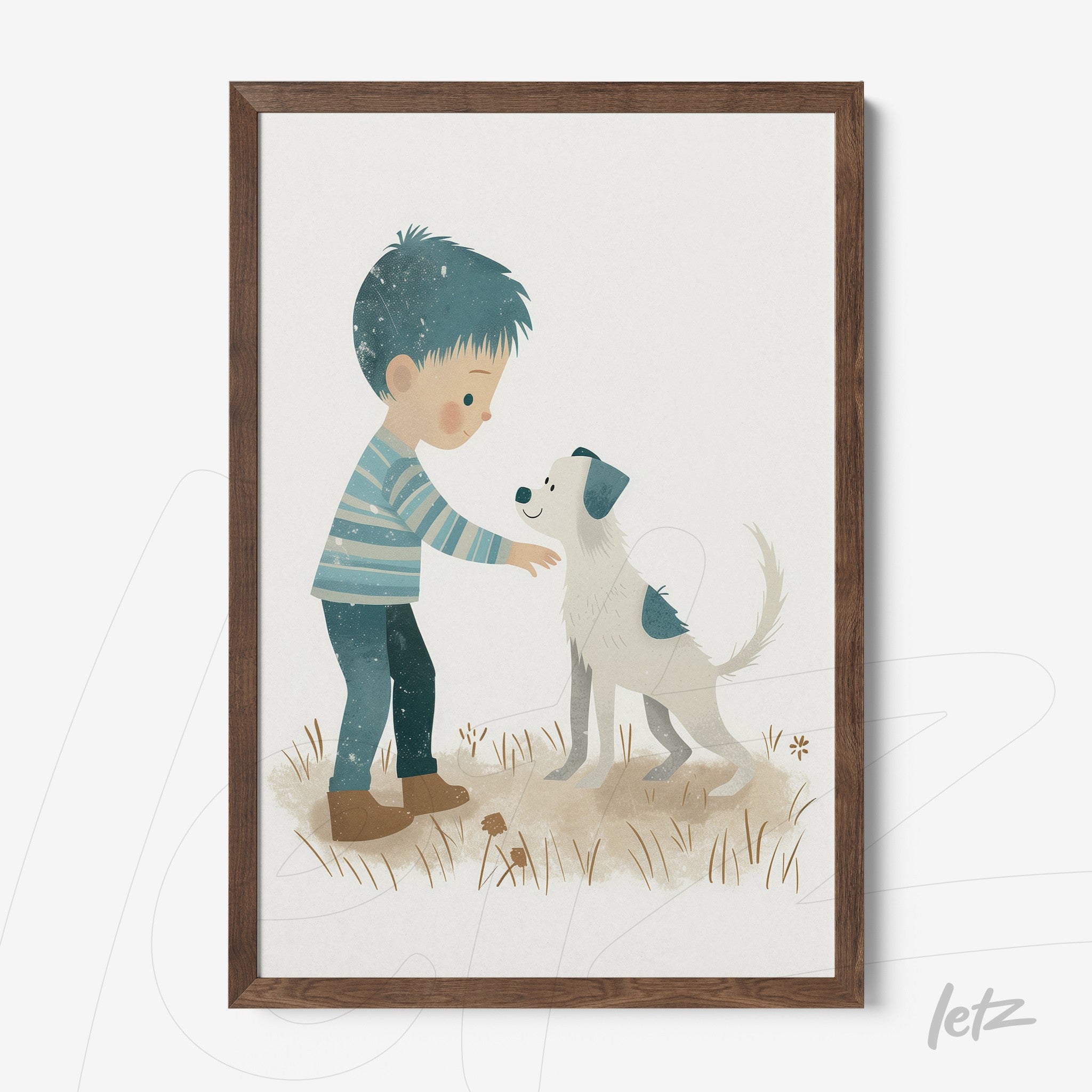 quadro com arte infantil de menino acariciando um cachorro em ambiente natural com moldura de madeira escura