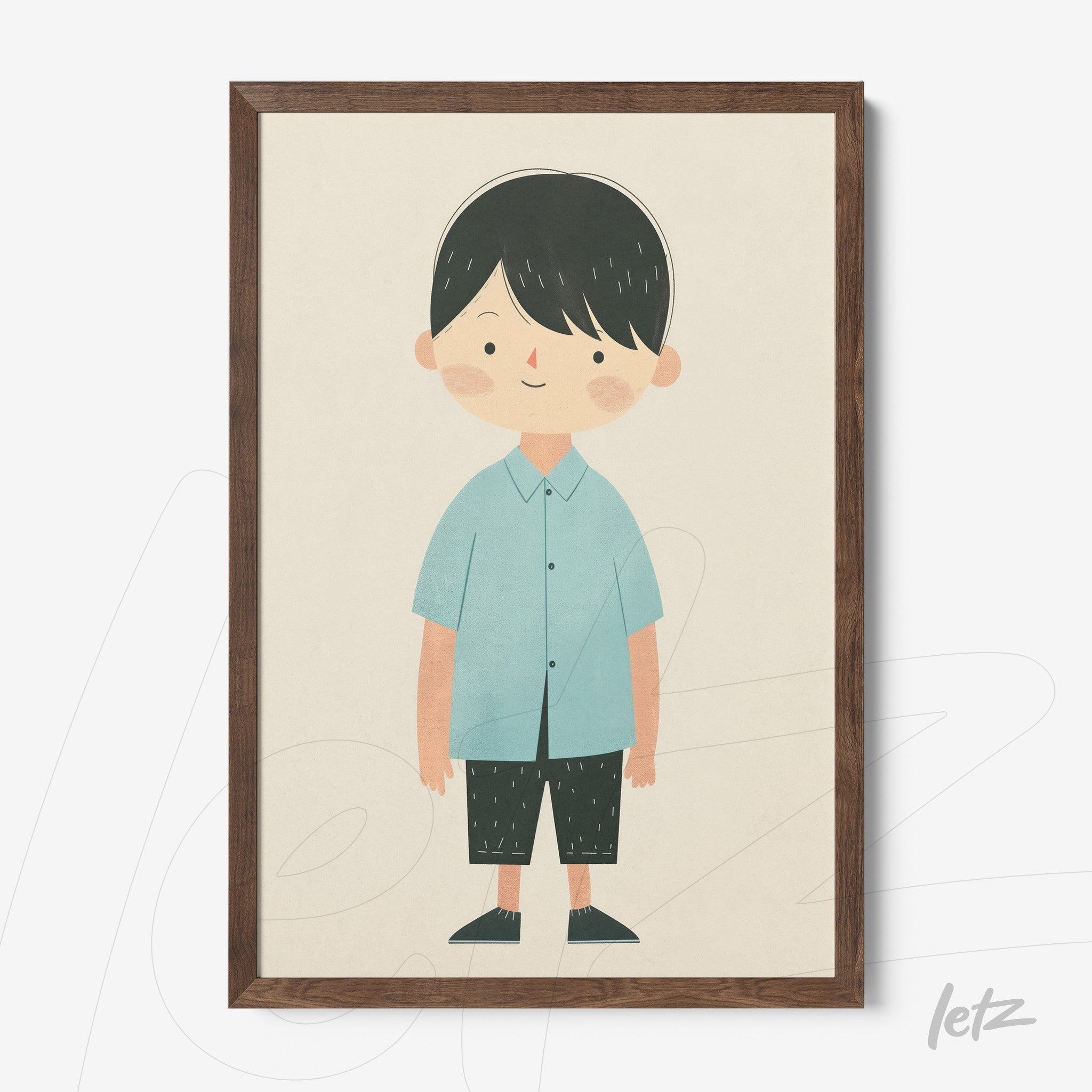 quadro com ilustração infantil de um menino com camisa azul e calças pretas em moldura de madeira escura