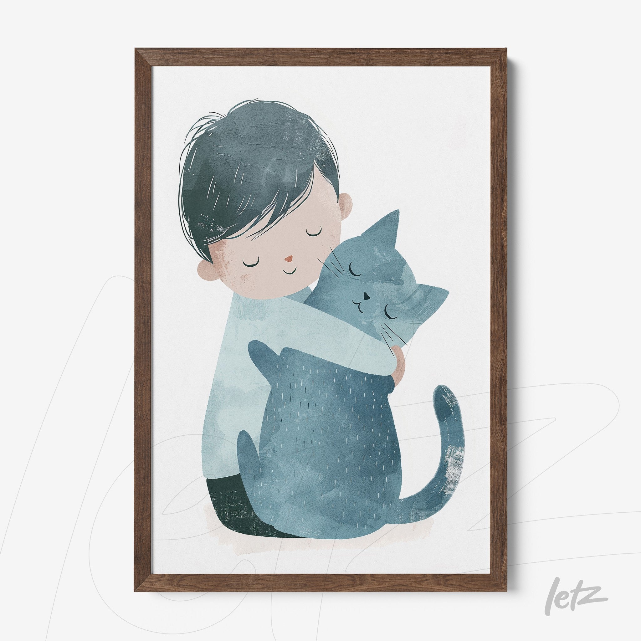 quadro com ilustração de criança abraçando um gato azul em moldura de madeira escura