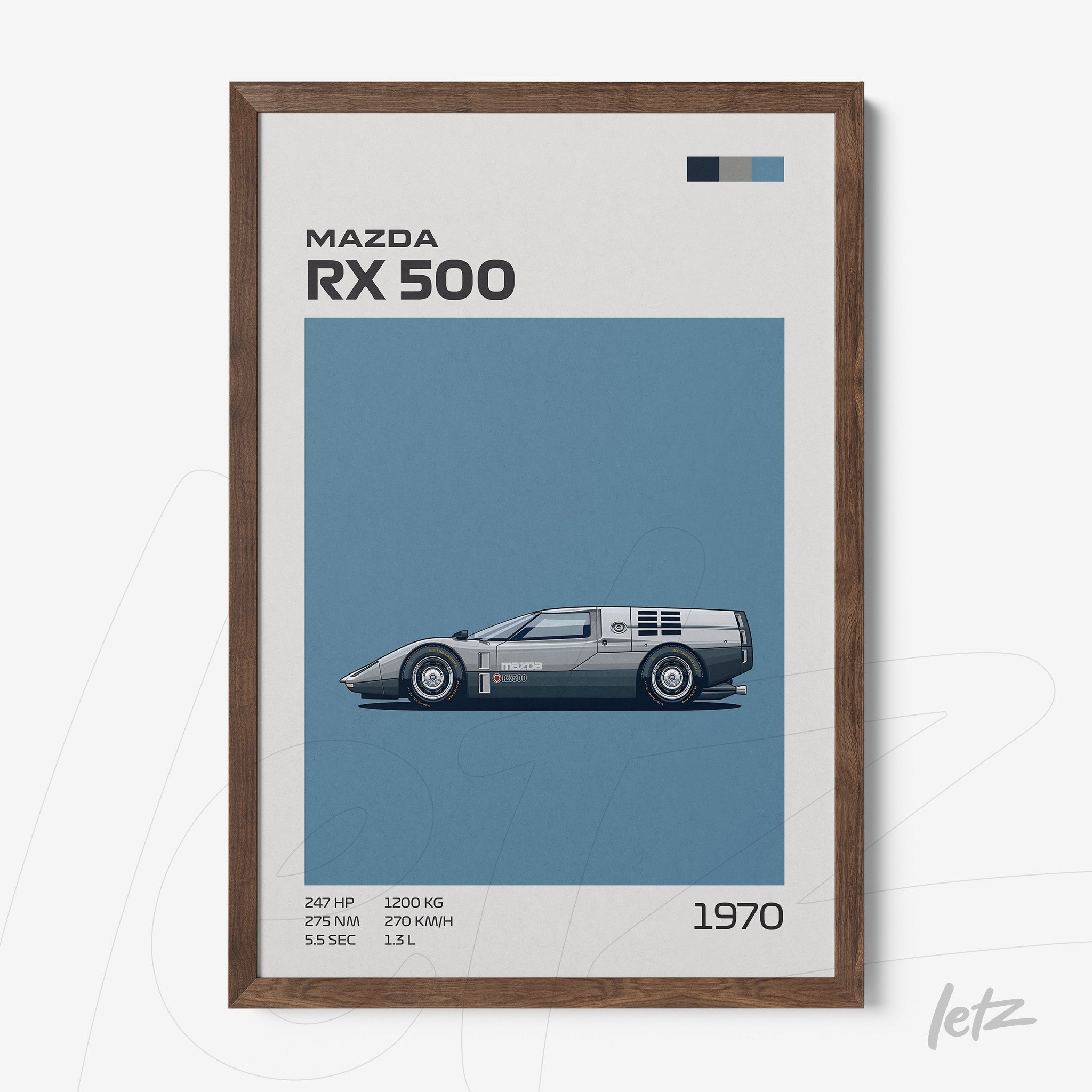 quadro com ilustração do carro Mazda RX 500 em moldura de madeira escura