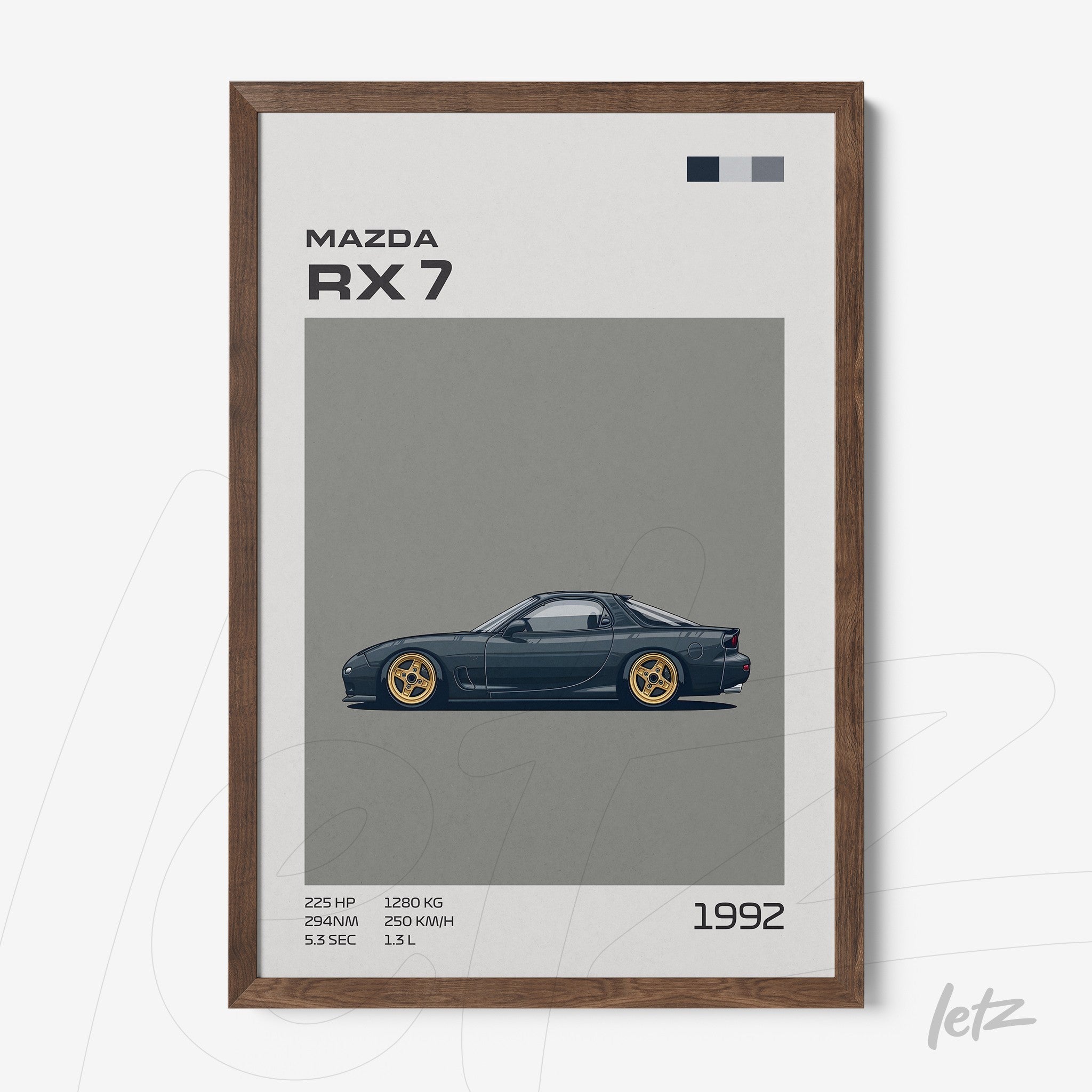 quadro com arte digital do carro Mazda RX-7 de 1992 em moldura de madeira escura