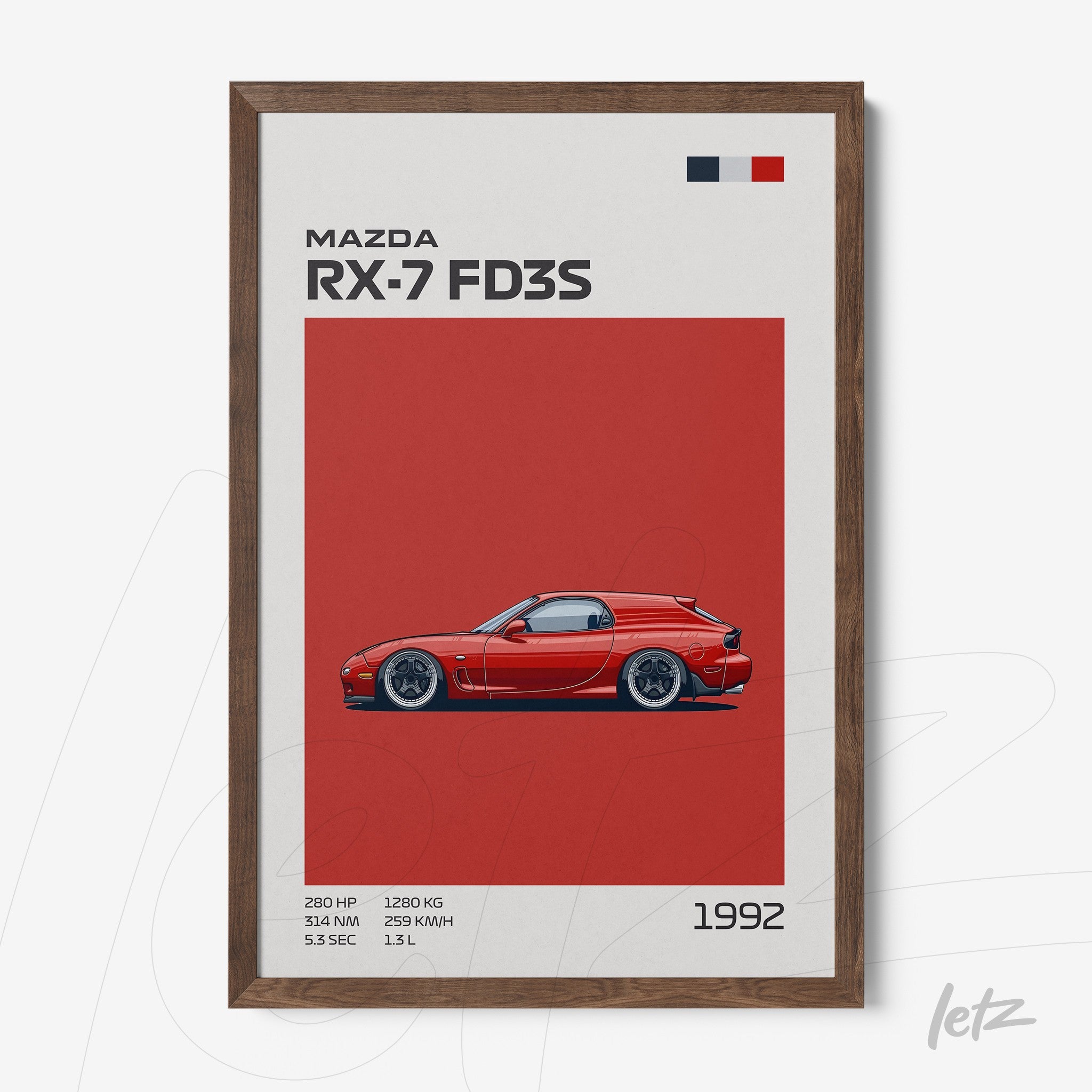 quadro com arte digital de um carro Mazda RX-7 FD3S em fundo vermelho, moldura de madeira escura