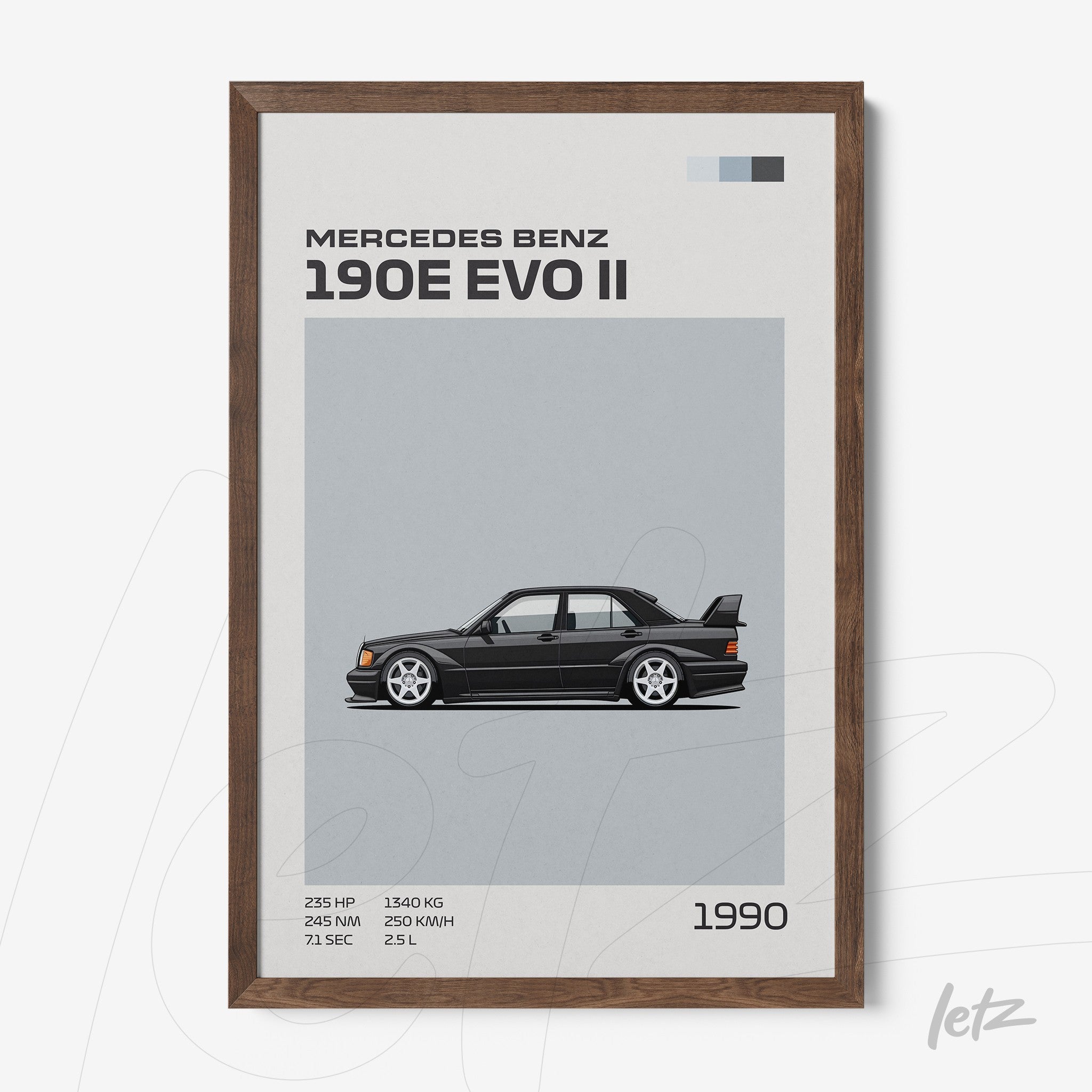 quadro com arte gráfica do carro Mercedes Benz 190E EVO II com fundo cinza e moldura de madeira escura