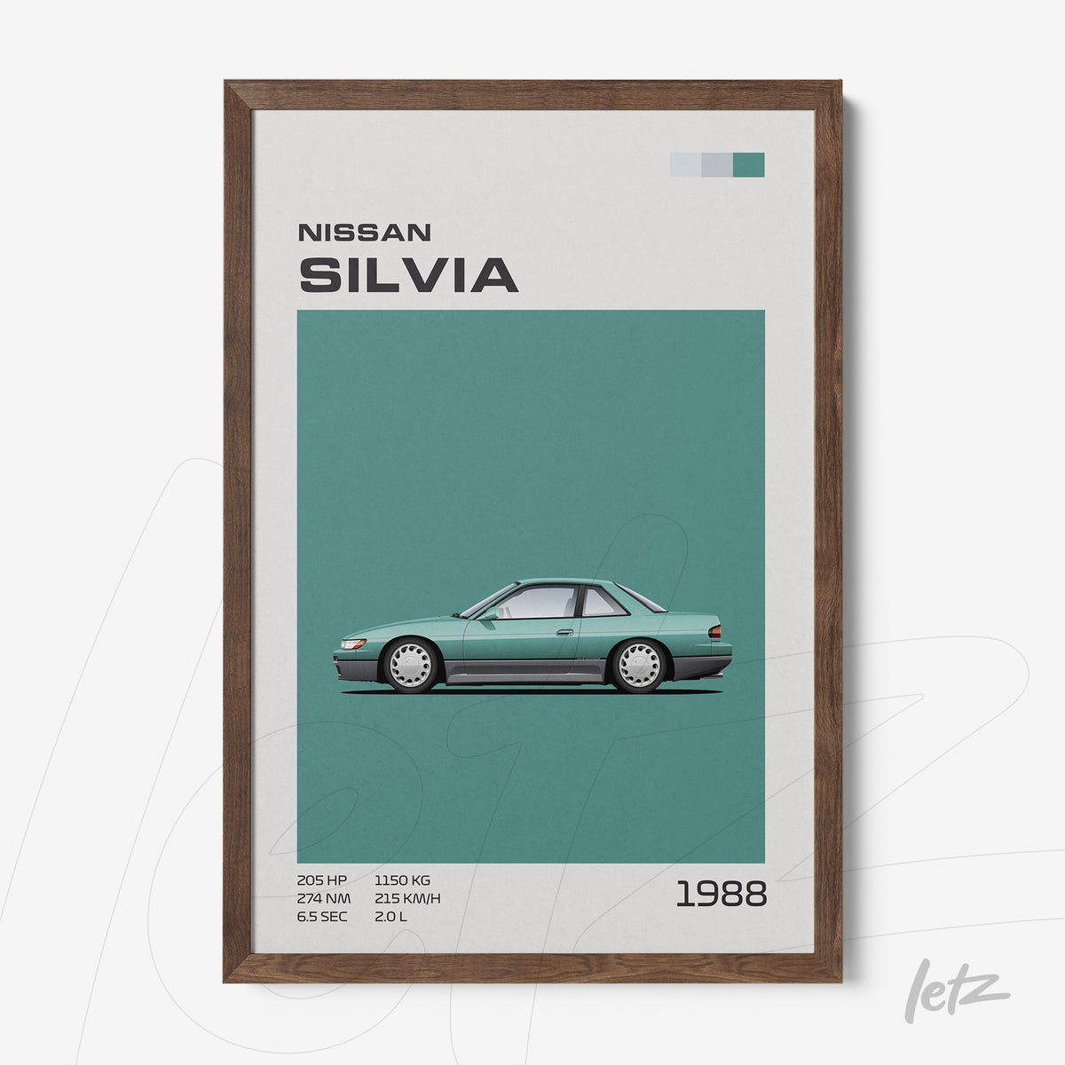 quadro emoldurado com ilustração de um Nissan Silvia de 1988 em fundo verde e moldura de madeira escura