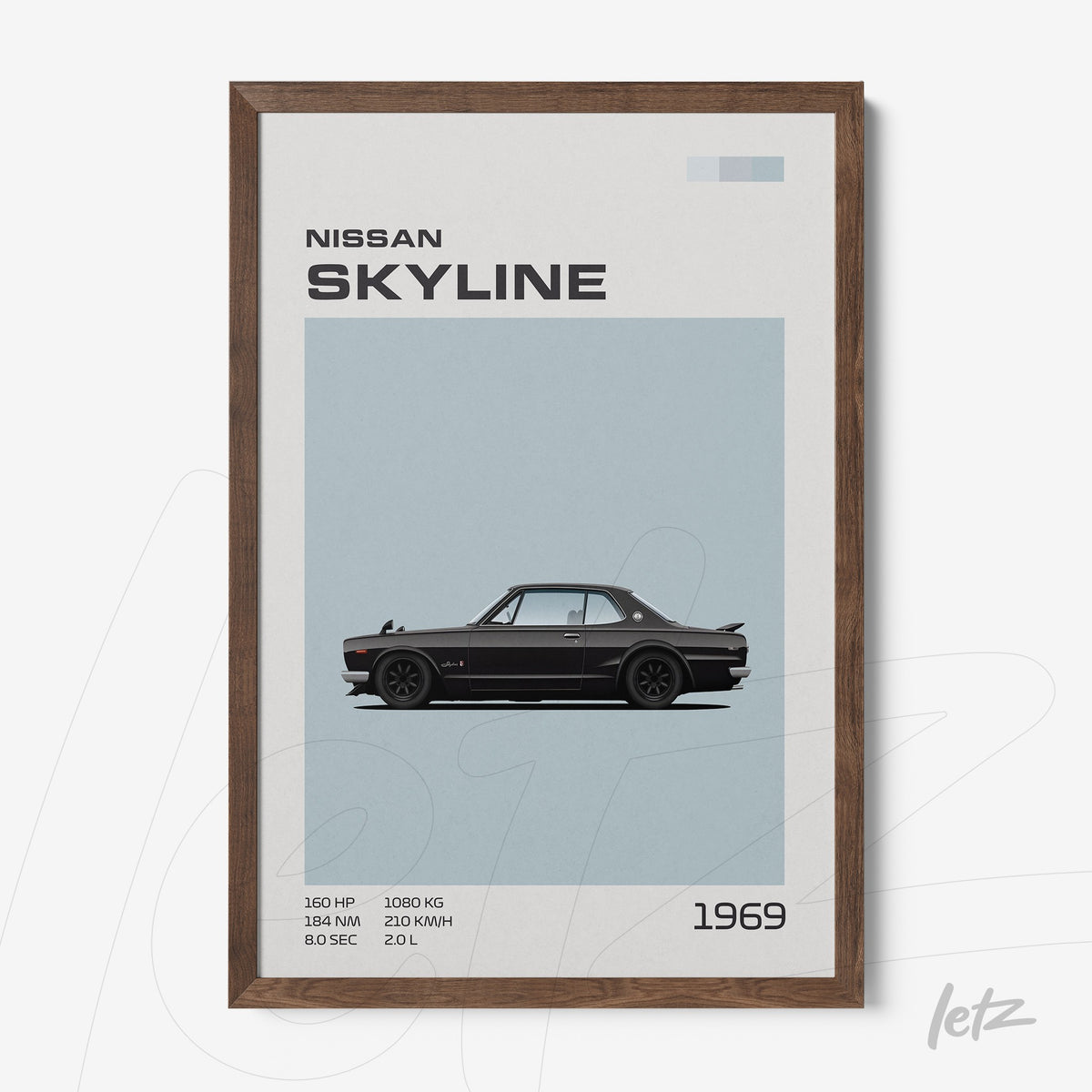 quadro com arte minimalista do carro Nissan Skyline 1969 em moldura de madeira escura