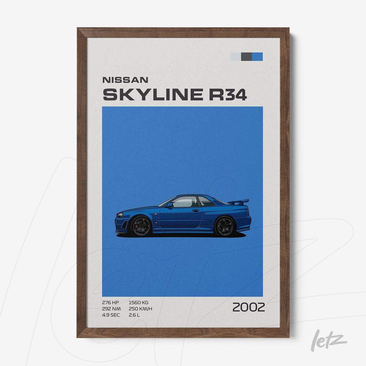 quadro com ilustração do carro Nissan Skyline R34 em fundo azul, com moldura de madeira escura