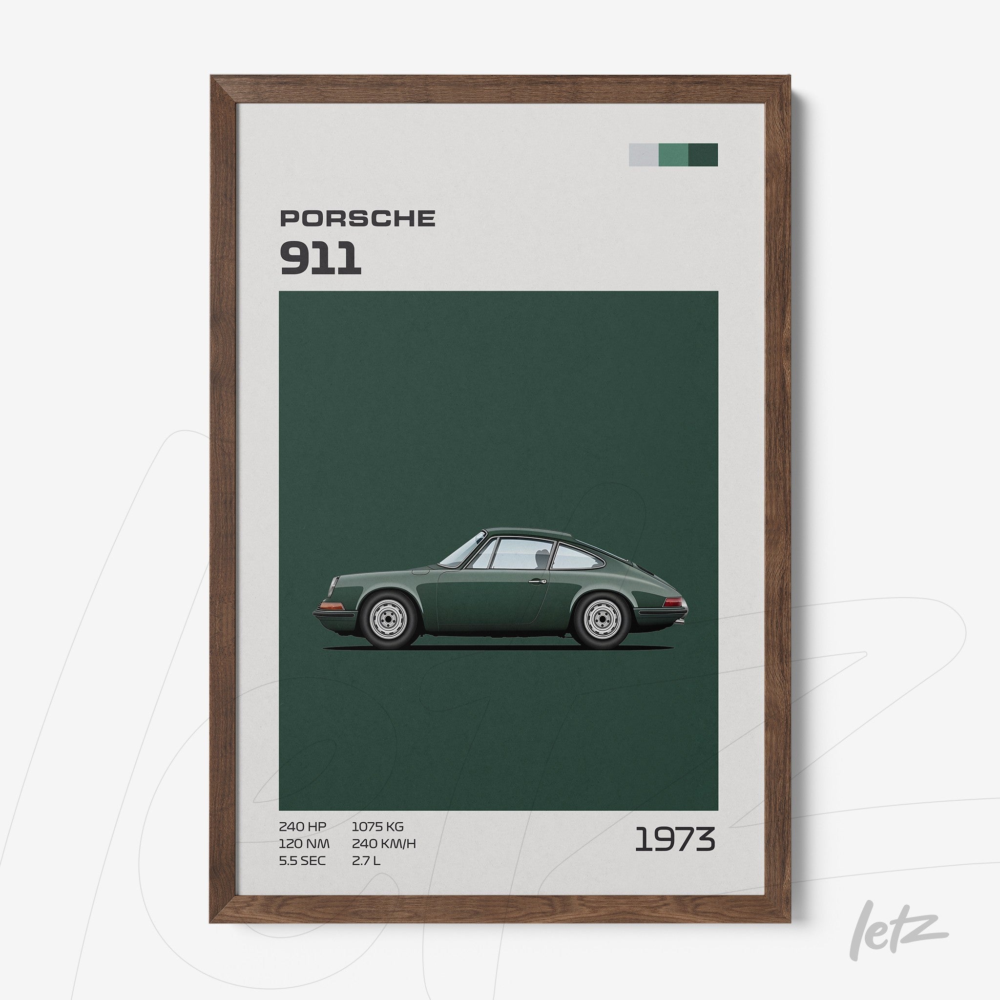quadro com ilustração minimalista de um Porsche 911 verde em moldura de madeira escura