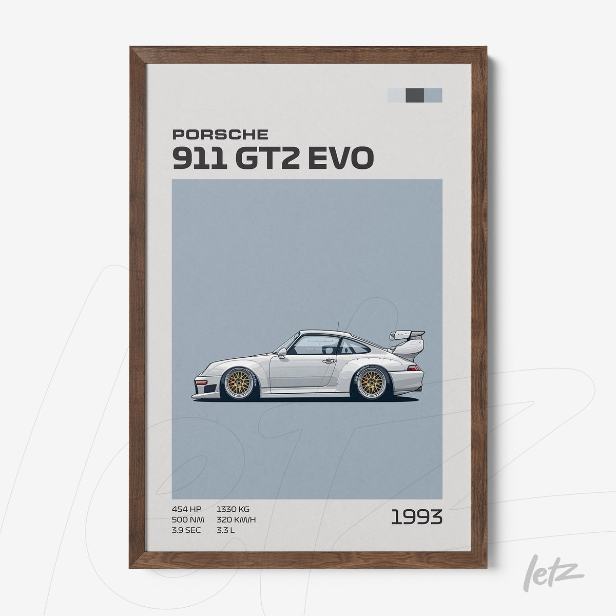 quadro com ilustração minimalista do Porsche 911 GT2 EVO em moldura de madeira escura