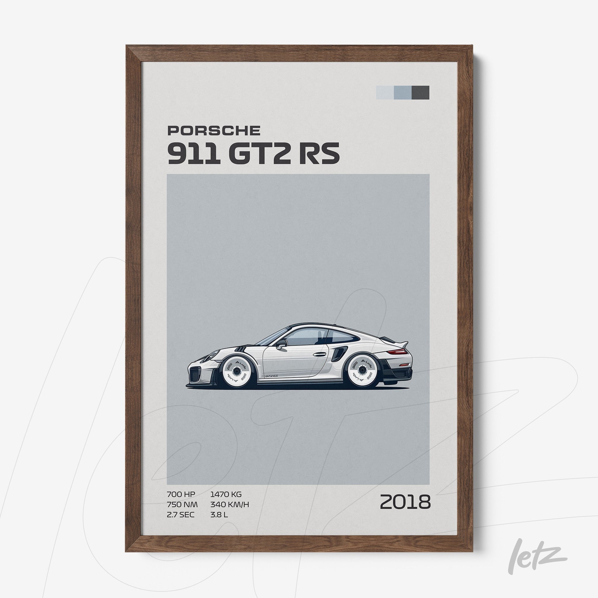 quadro com ilustração minimalista do carro Porsche 911 GT2 RS em moldura de madeira escura