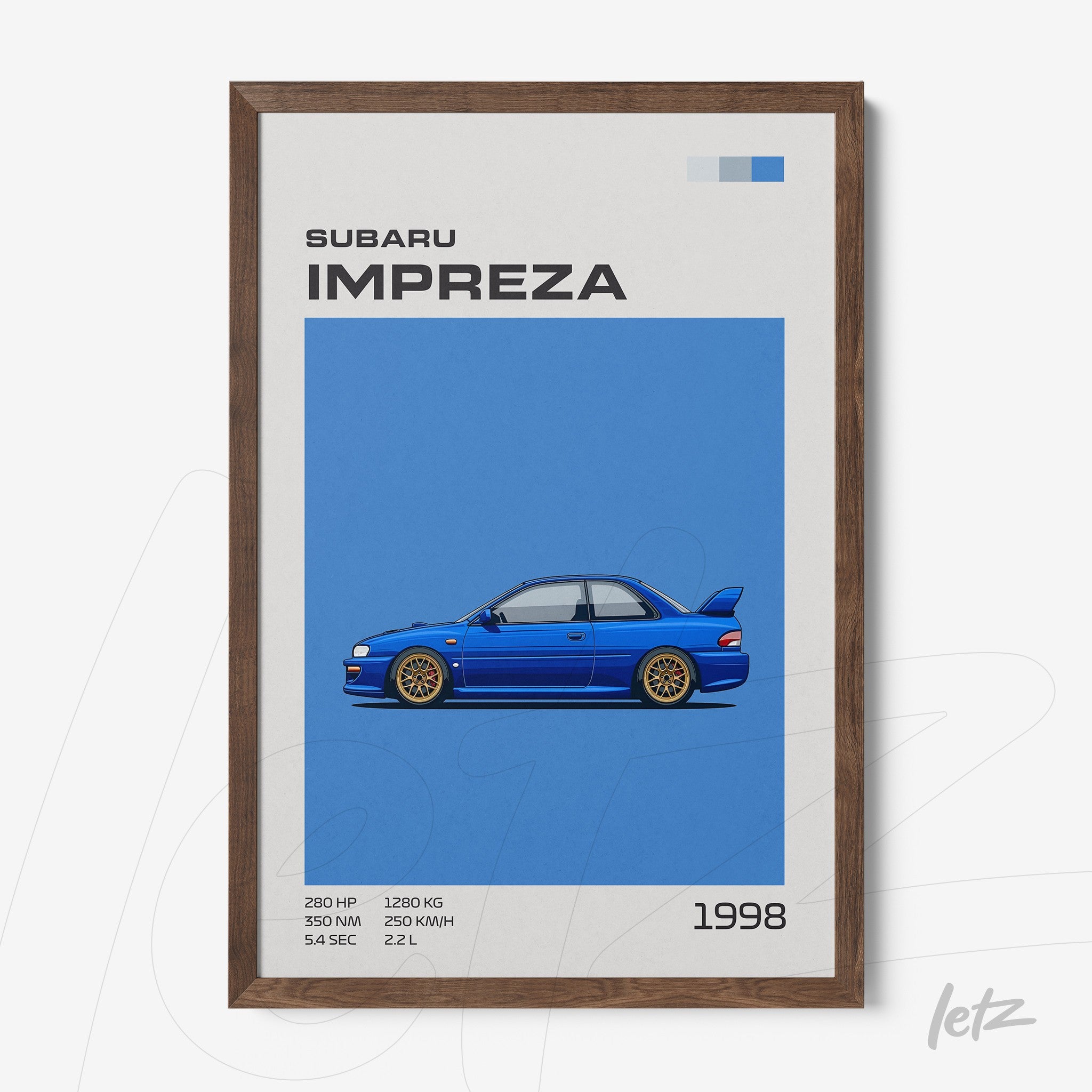 quadro com ilustração estilizada de um Subaru Impreza azul em fundo azul, moldura de madeira escura