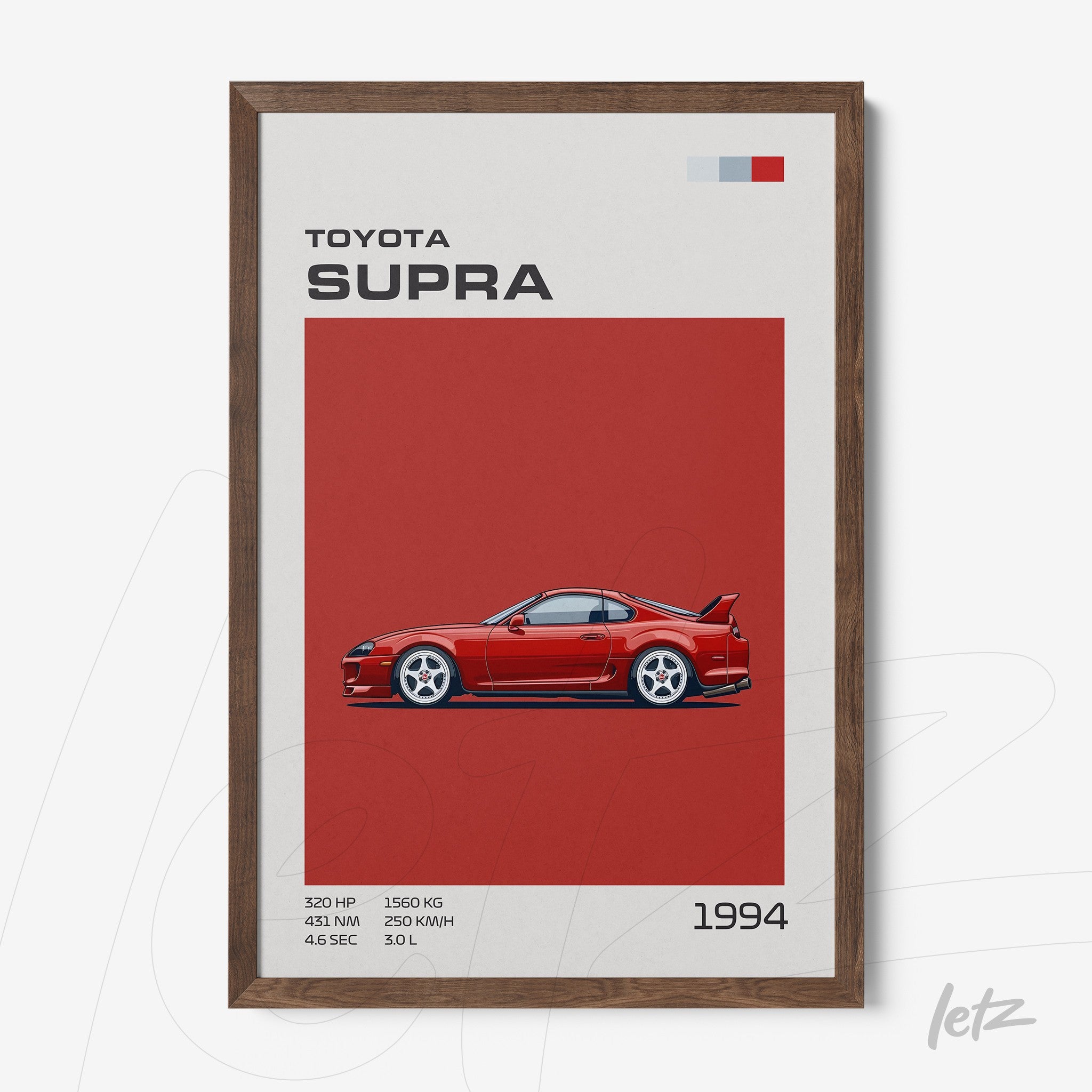 quadro com ilustração do carro esportivo Toyota Supra 1994 em moldura de madeira escura