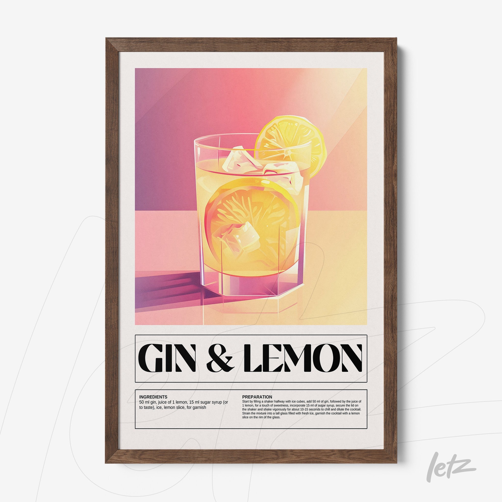 quadro com arte digital de drink gin com limão em moldura de madeira escura