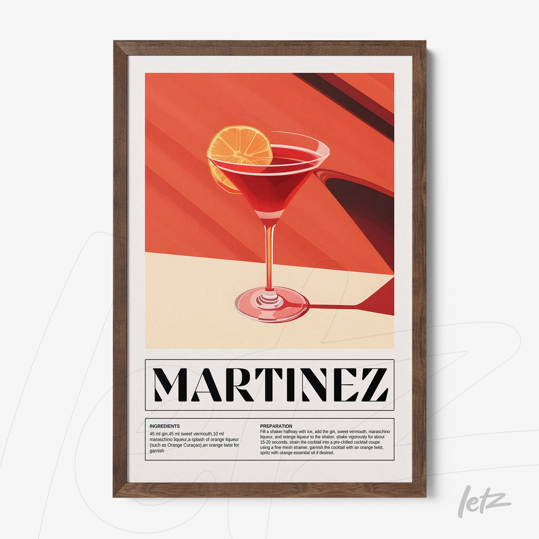 quadro com arte de drink martinez em moldura de madeira escura, com fundo em tons vermelhos