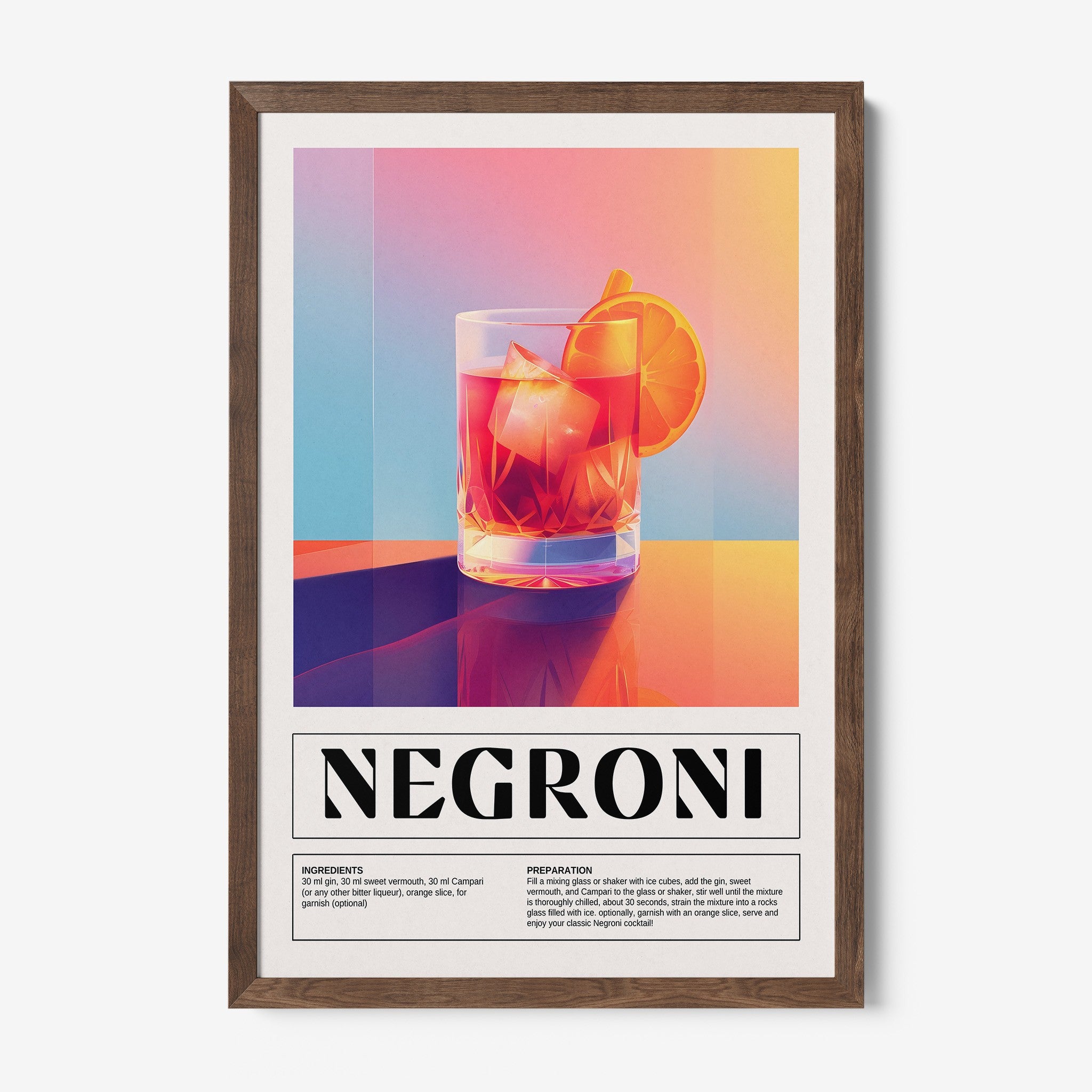 quadro com arte digital de drink negroni em moldura madeira clara com fundo colorido