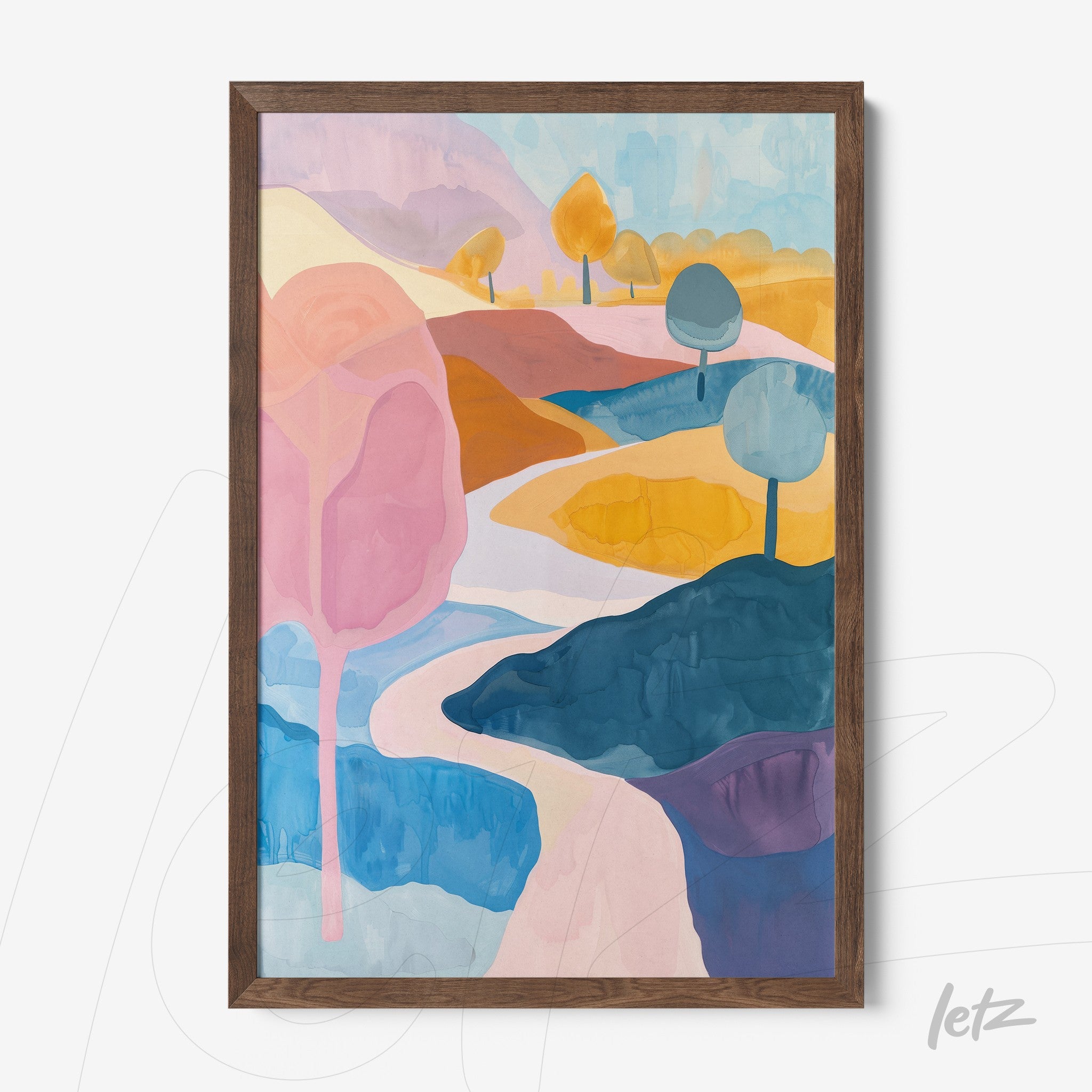 quadro com arte abstrata de paisagem colorida em moldura de madeira escura