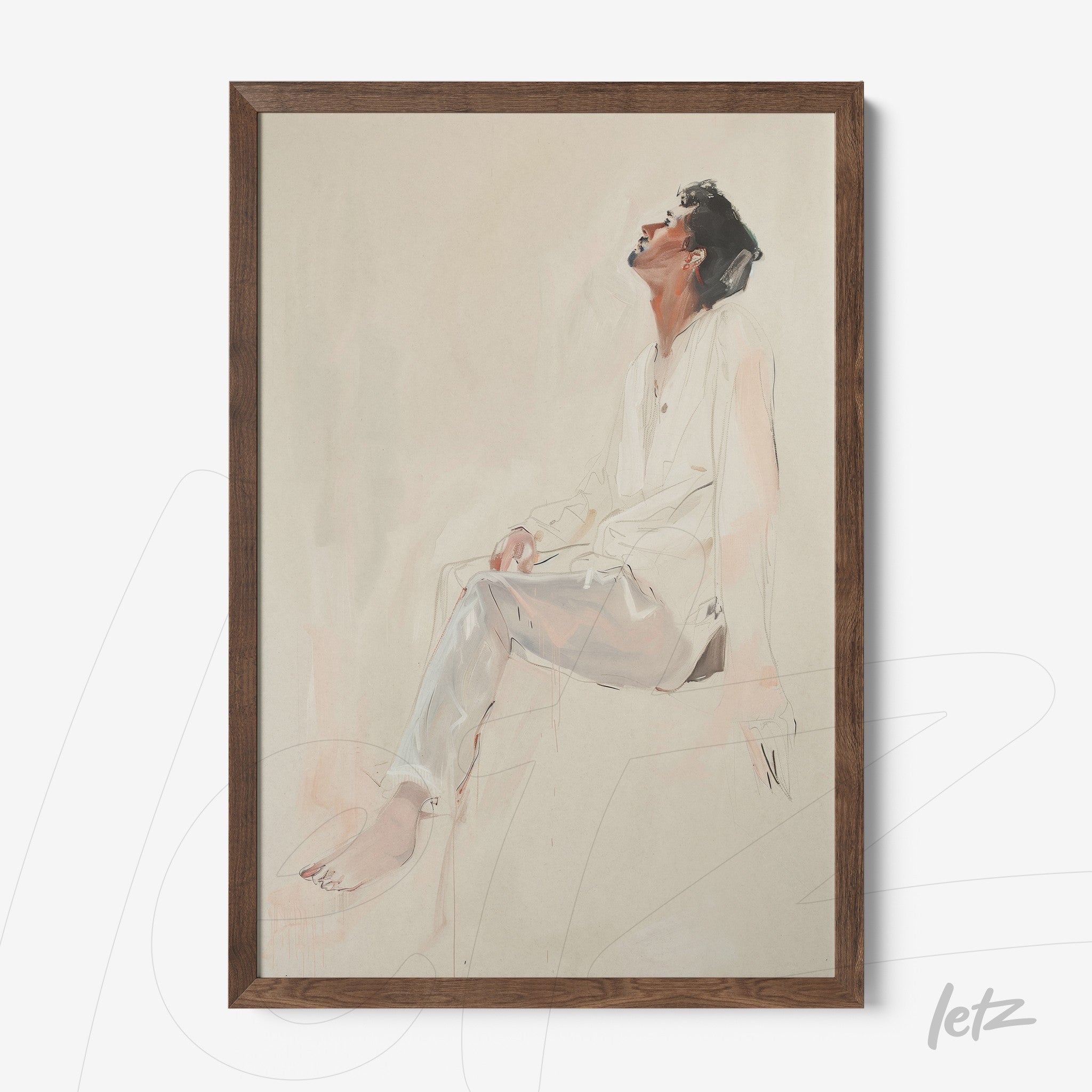 quadro com retrato de figura humana sentado, vestindo camisa branca e calças prateadas, moldura de madeira escura