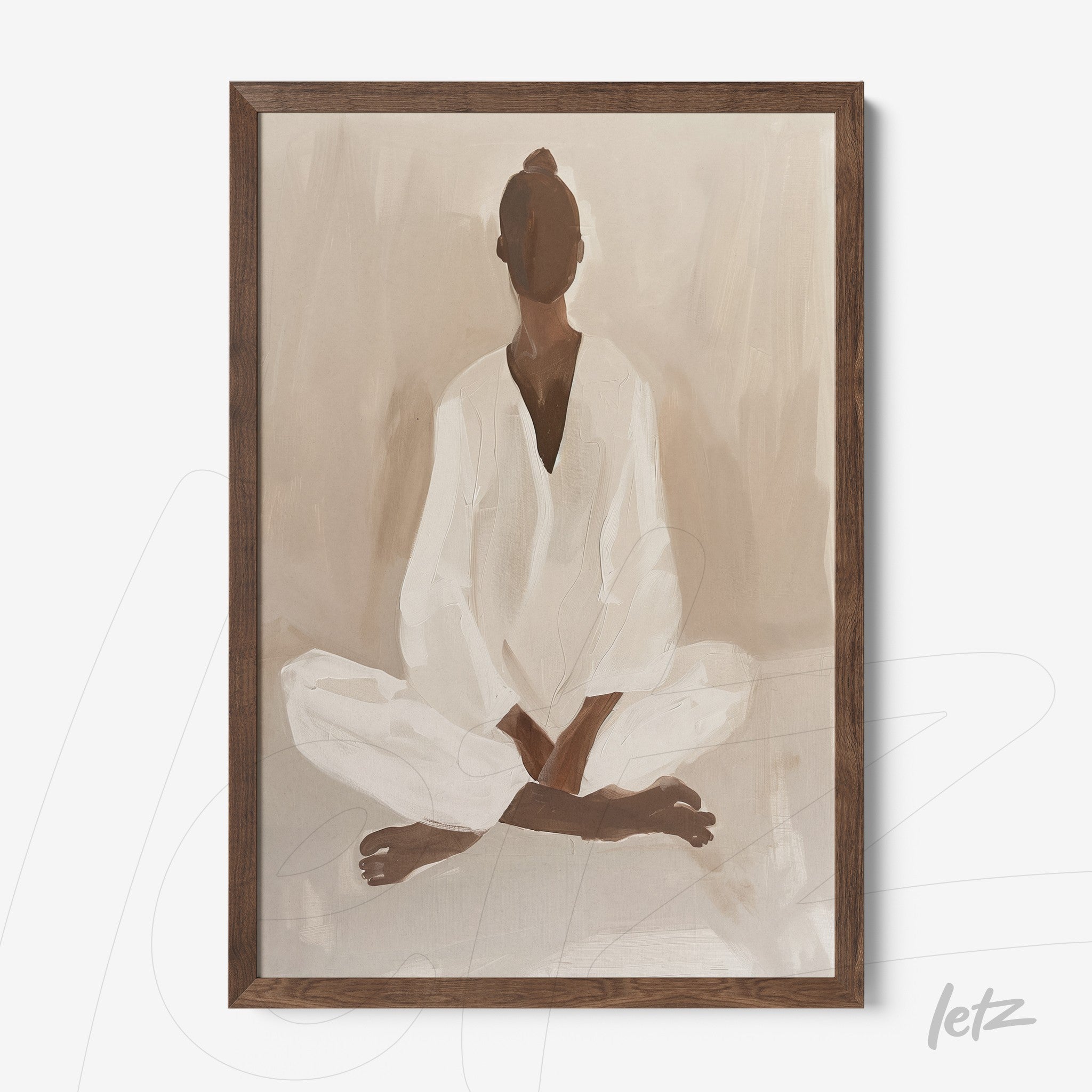 quadro em moldura de madeira escura com arte minimalista de figura sentada em posição de meditação vestindo roupas brancas