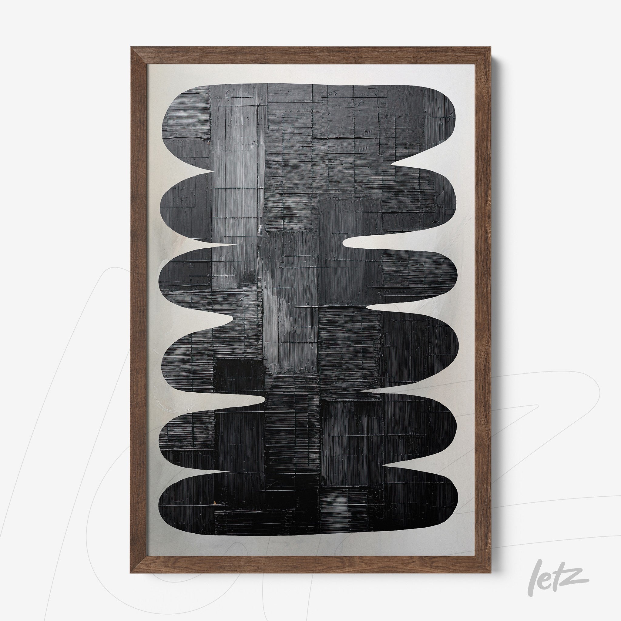 quadro com arte abstrata em tons de preto com formas orgânicas em moldura de madeira clara