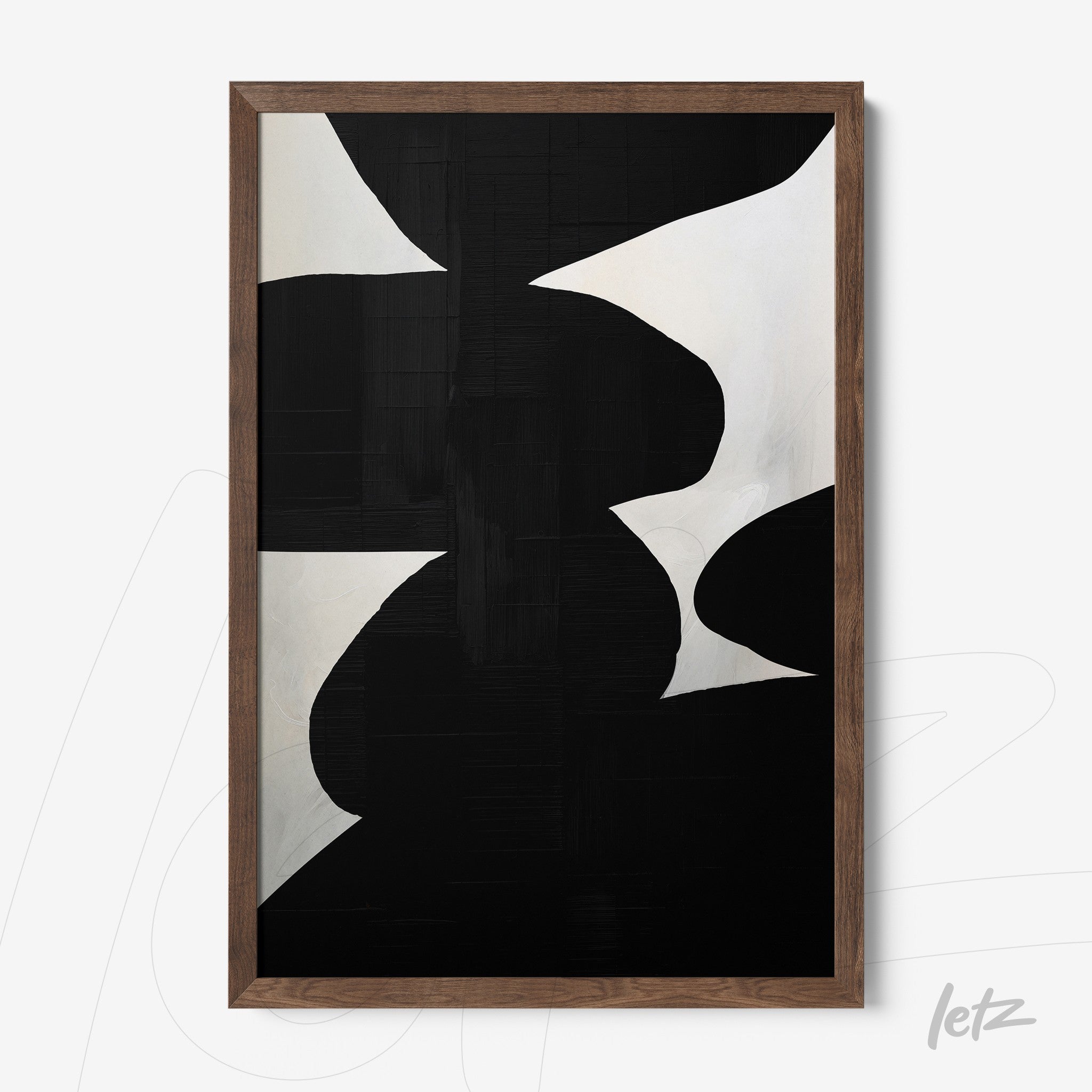 quadro moderno com formas abstratas em preto e branco em moldura de madeira escura