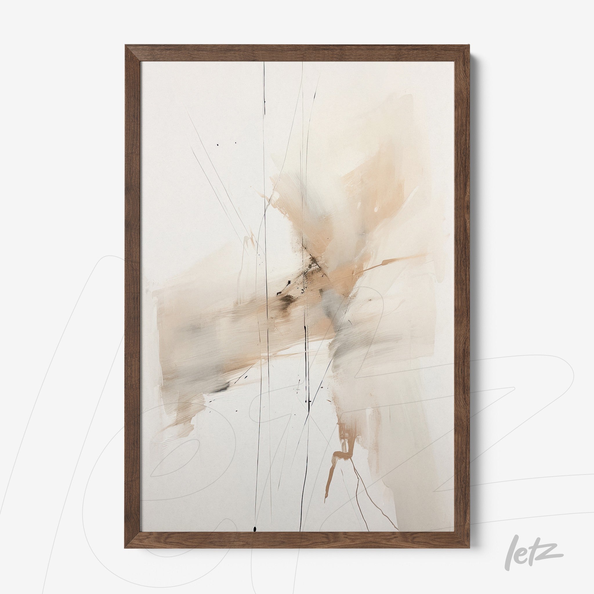 quadro com arte abstrata em tons neutros, com traços finos e moldura de madeira clara