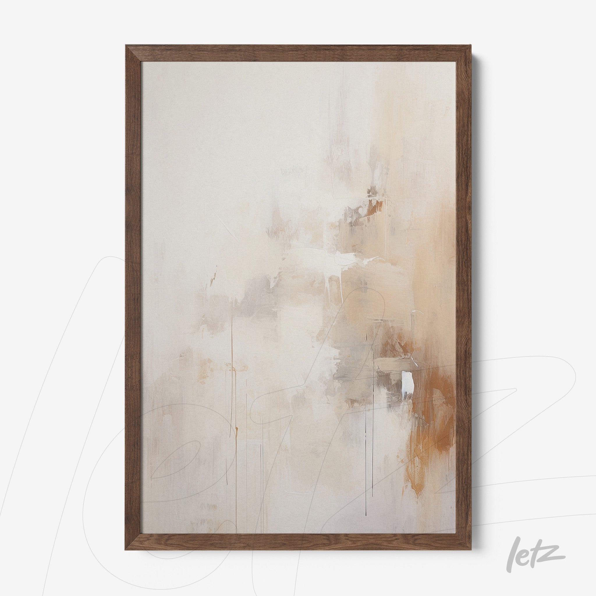 quadro abstracto em tons de bege e marrom claro, com moldura de madeira escura