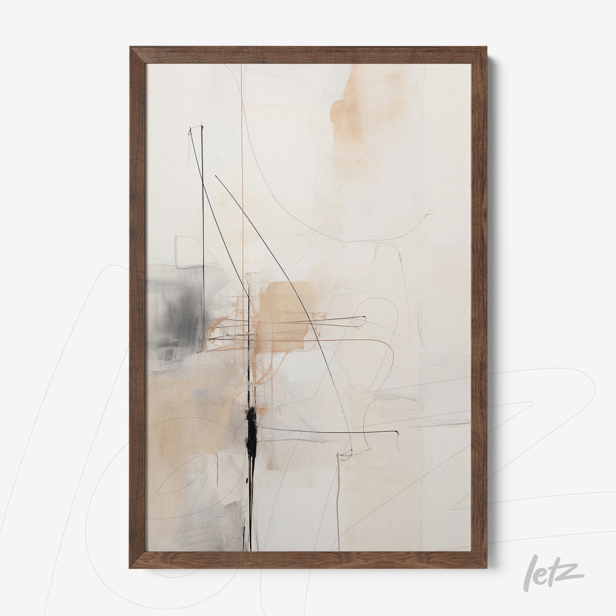 quadro abstrato em moldura de madeira com linhas pretas e tons neutros que incluem tons de bege e cinza claro