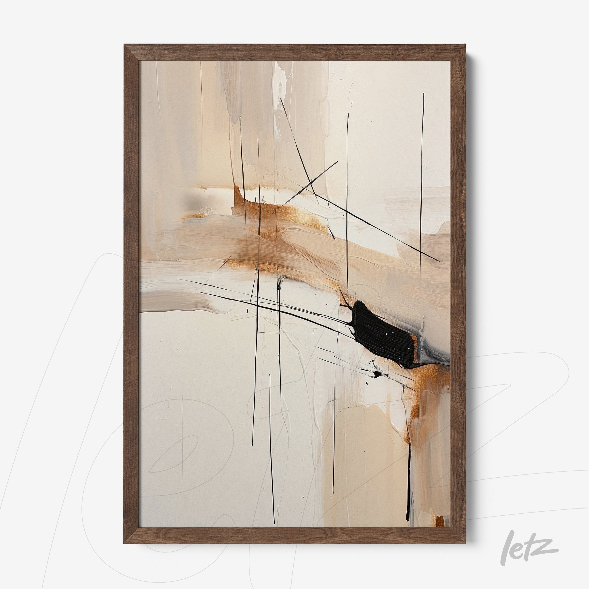 quadro com arte abstrata em moldura de madeira escura, apresentando linhas pretas sobre um fundo claro com toques de marrom