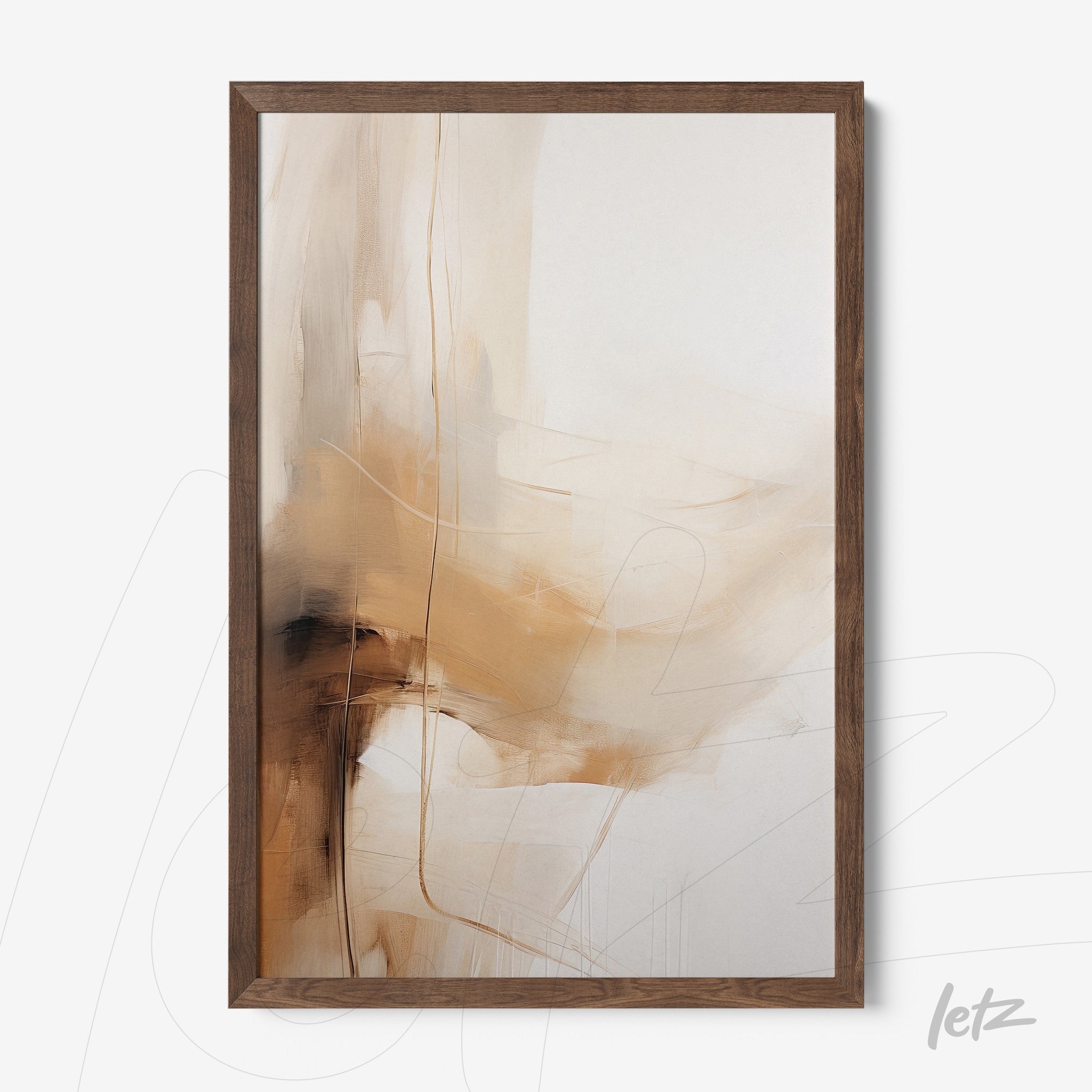 quadro com arte abstrata em tons de bege e marrom com moldura de madeira escura