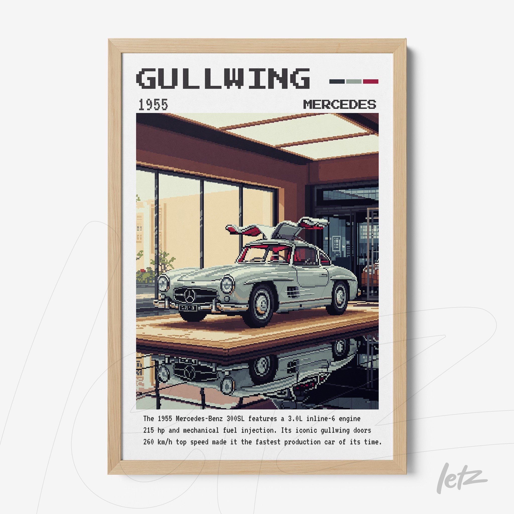 quadro com arte em estilo pixelado de um carro Mercedes-Benz Gullwing 1955 em moldura de madeira clara