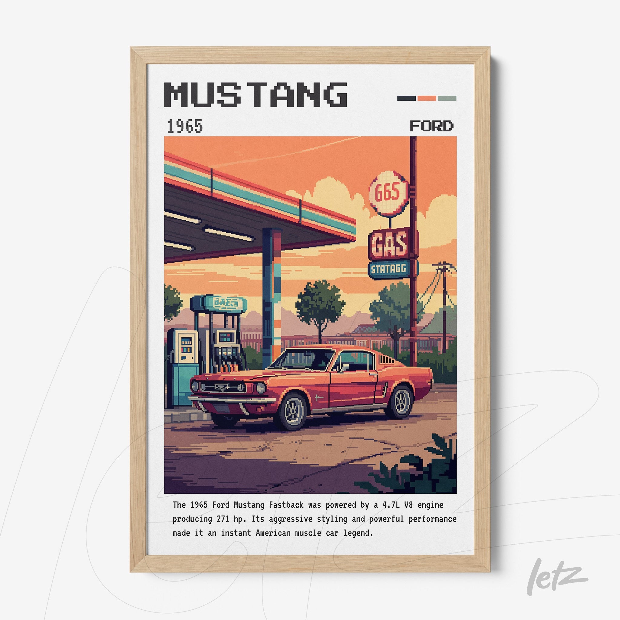 quadro emoldurado com arte pixelada de um carro Ford Mustang vermelho dos anos 1960 em um posto de gasolina