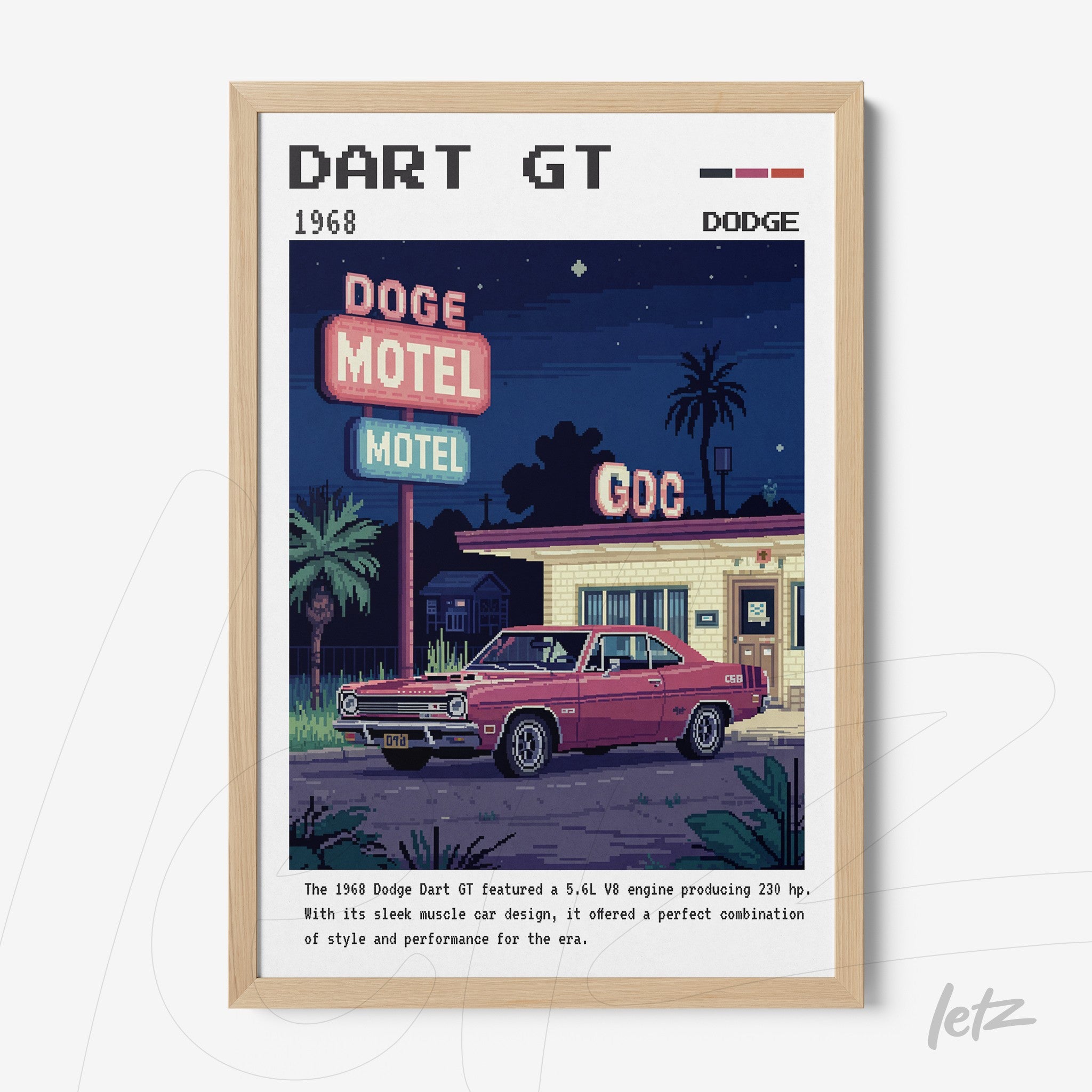 quadro com arte de carro vintage Dodge Dart GT em frente ao Dodge Motel com moldura de madeira clara