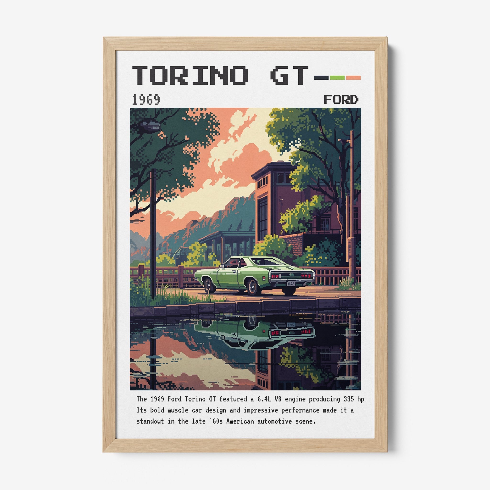 quadro em estilo pixel art do carro Ford Torino GT de 1969 em uma paisagem urbana com reflexo na água, moldura clara