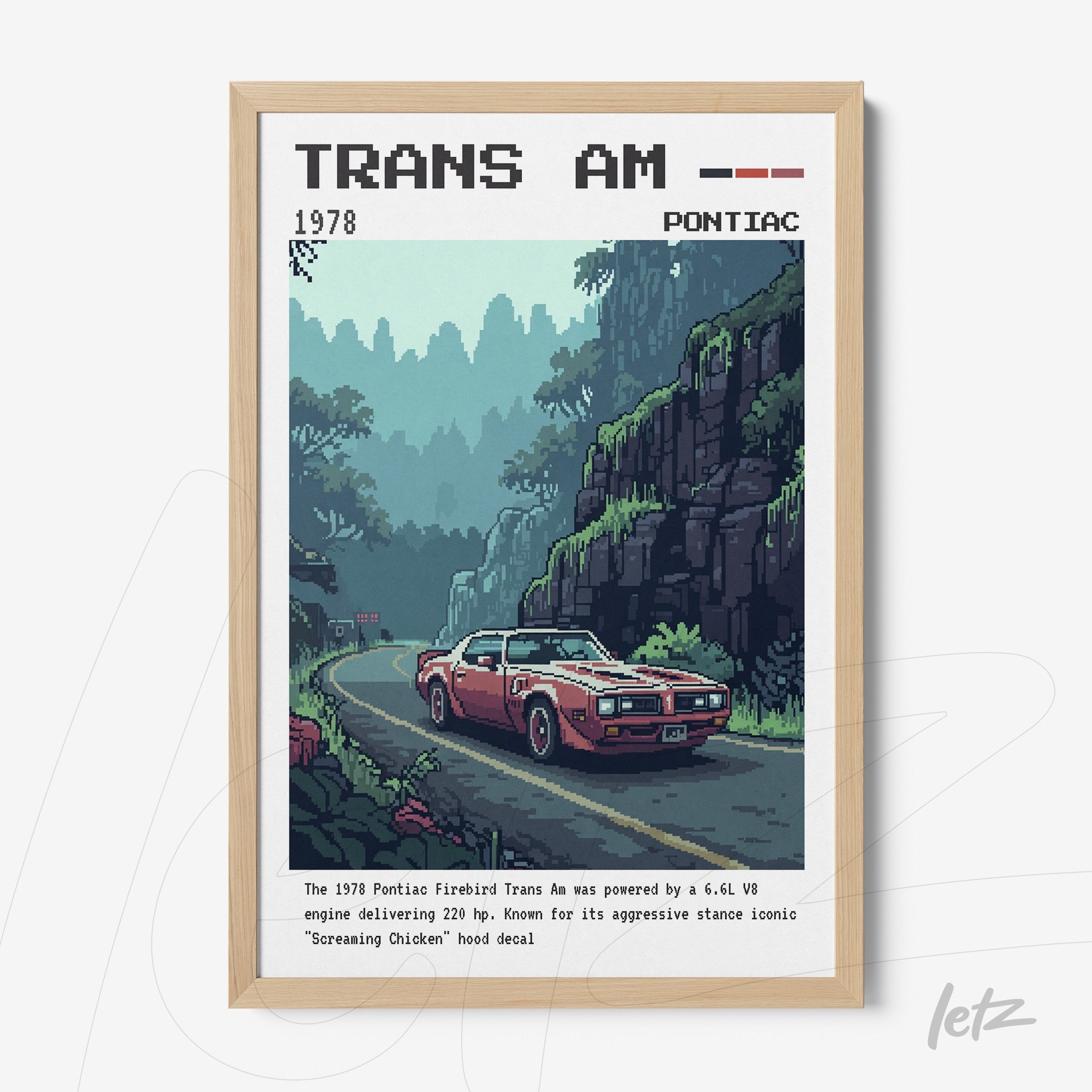 quadro em moldura clara apresentando ilustração vintage do carro Trans Am 1978 em uma estrada com árvores ao fundo