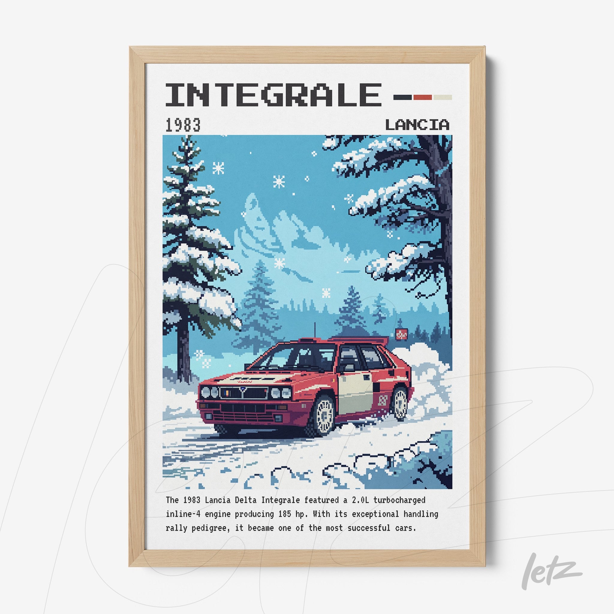 quadro com arte pixelada do carro Lancia Delta Integrale em uma paisagem invernal, moldura clara