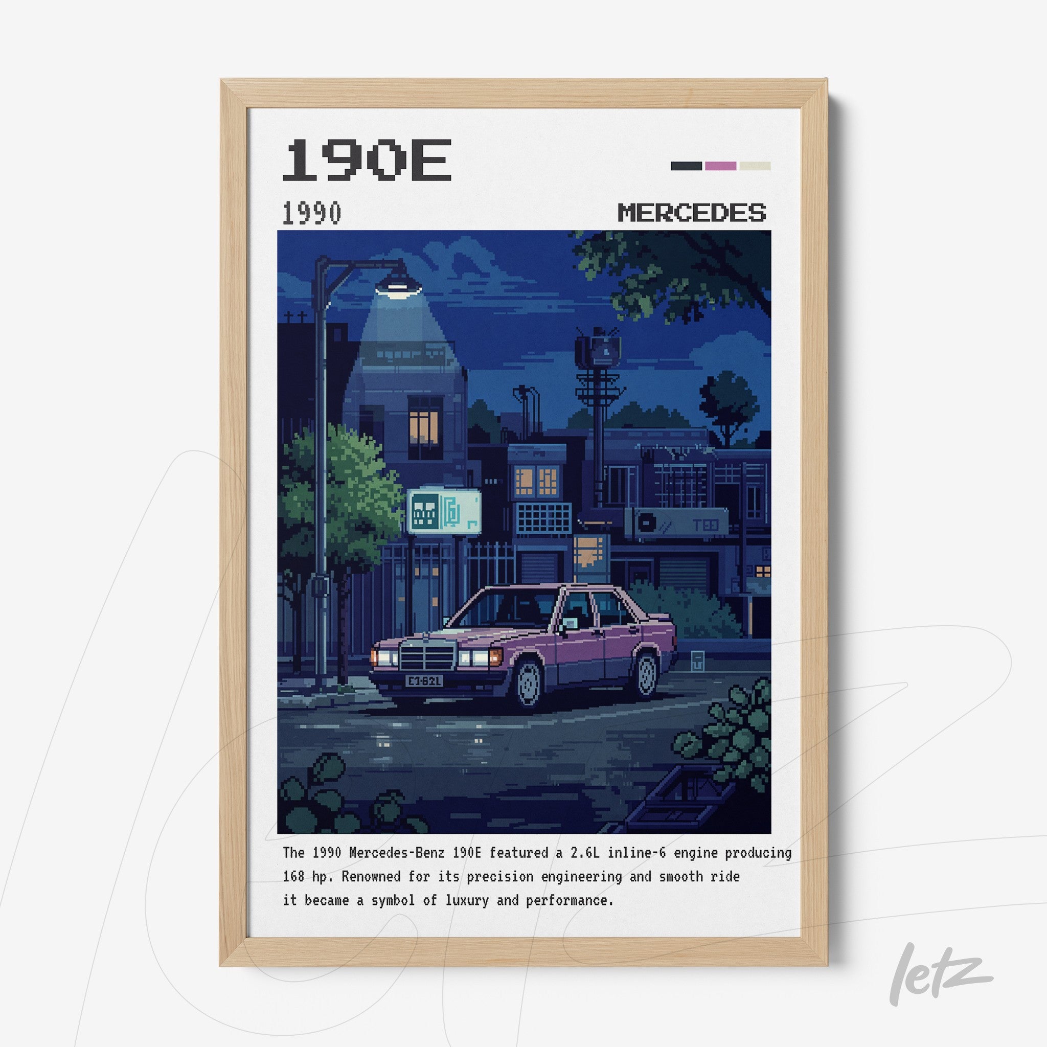 quadro retrô com ilustração pixelada de um carro Mercedes-Benz 190E em tom noturno, com moldura de madeira clara e fundo urbano