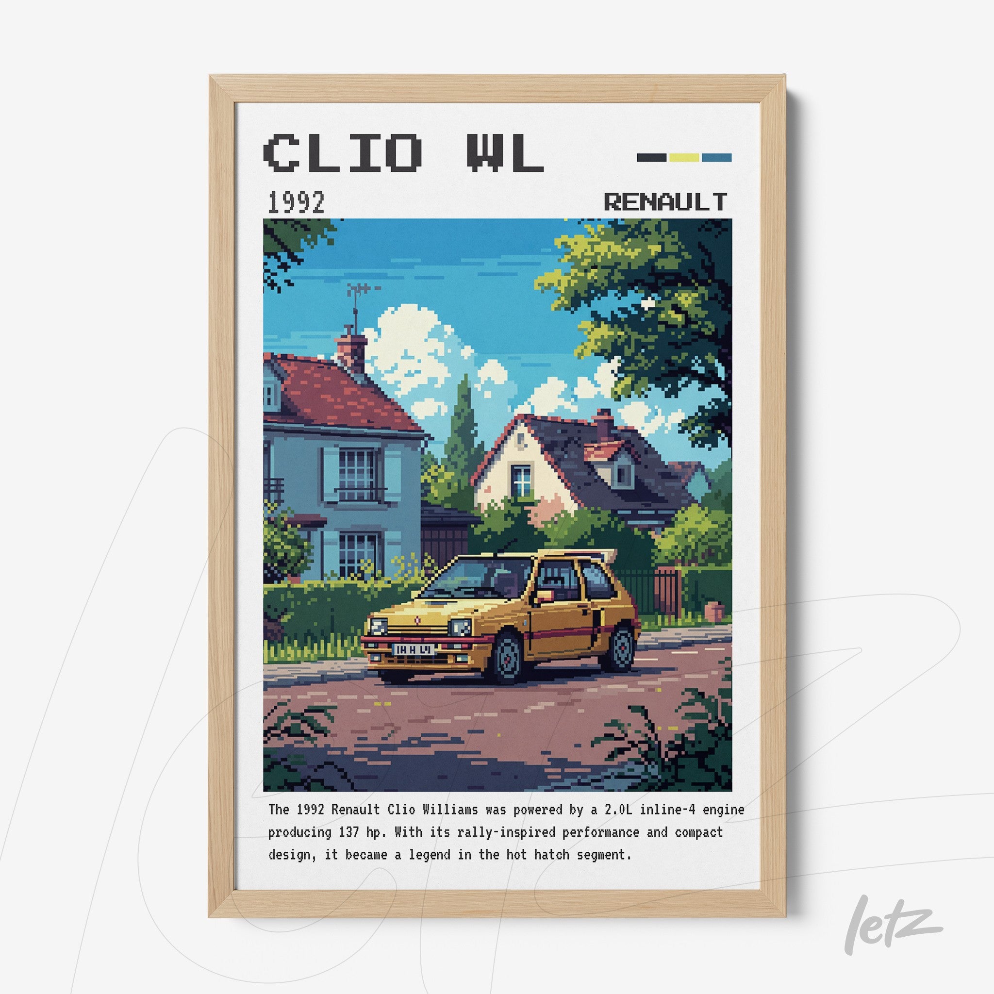 quadro em estilo pixel art de um carro Renault Clio Williams amarelo em uma rua residencial com casas e árvores ao fundo, moldura de madeira clara