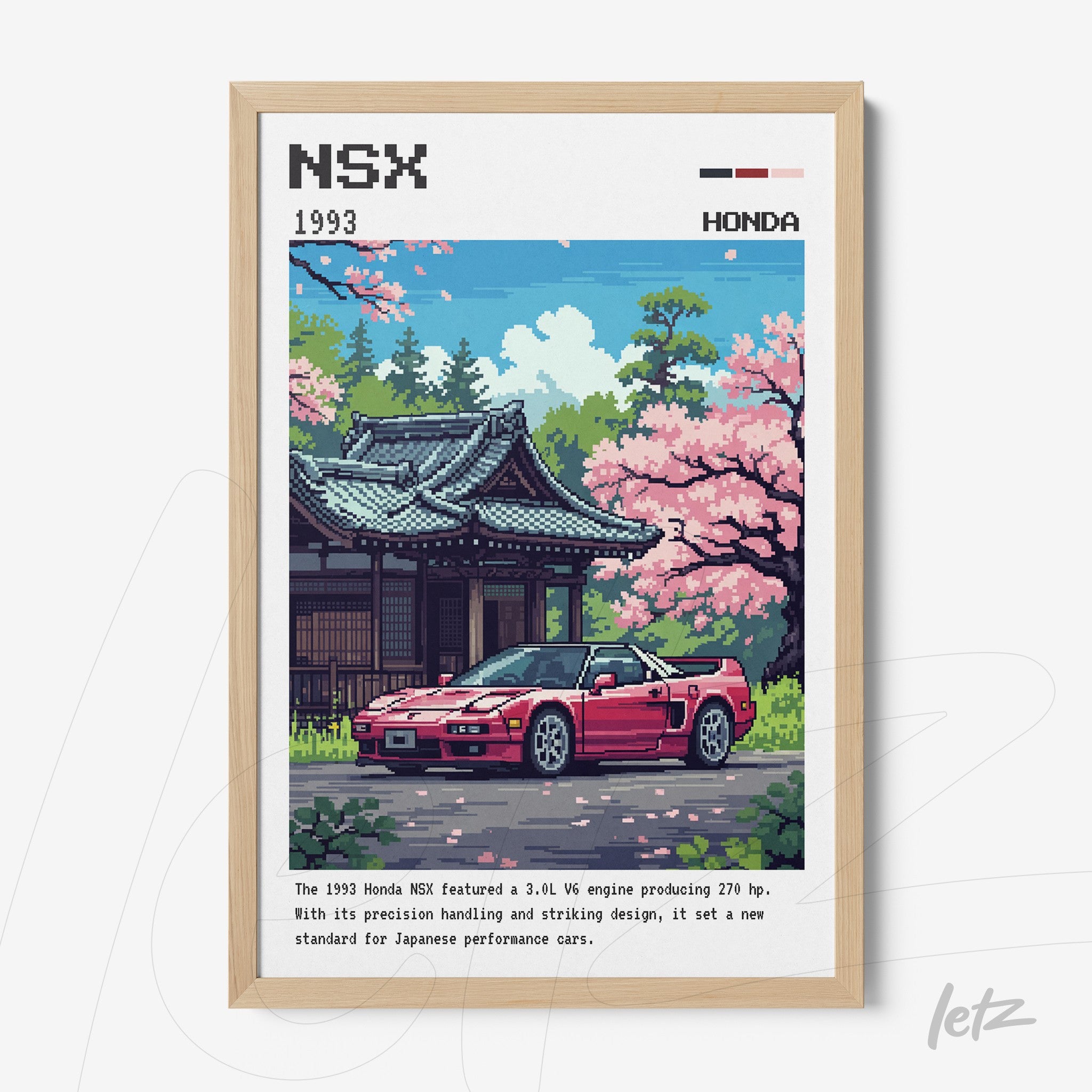 quadro com arte pixelada de carro Honda NSX em cenário de templo japonês com flores de cerejeira