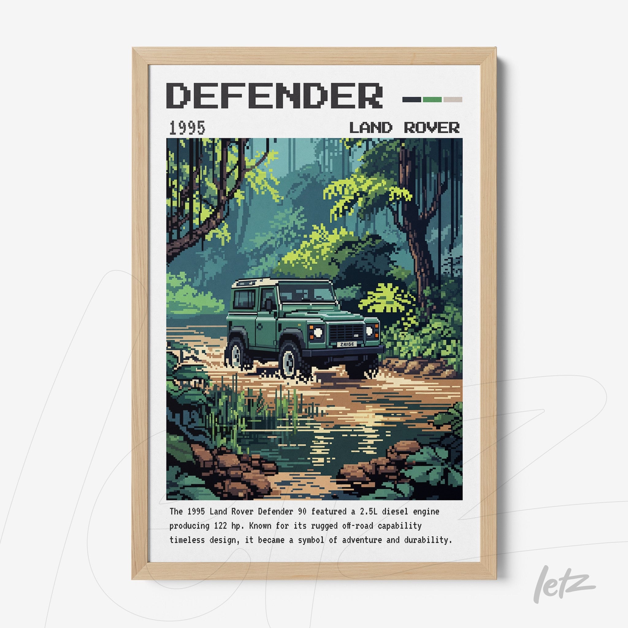 quadro com arte retro do Land Rover Defender em moldura de madeira clara, mostrando o veículo em um cenário florestal
