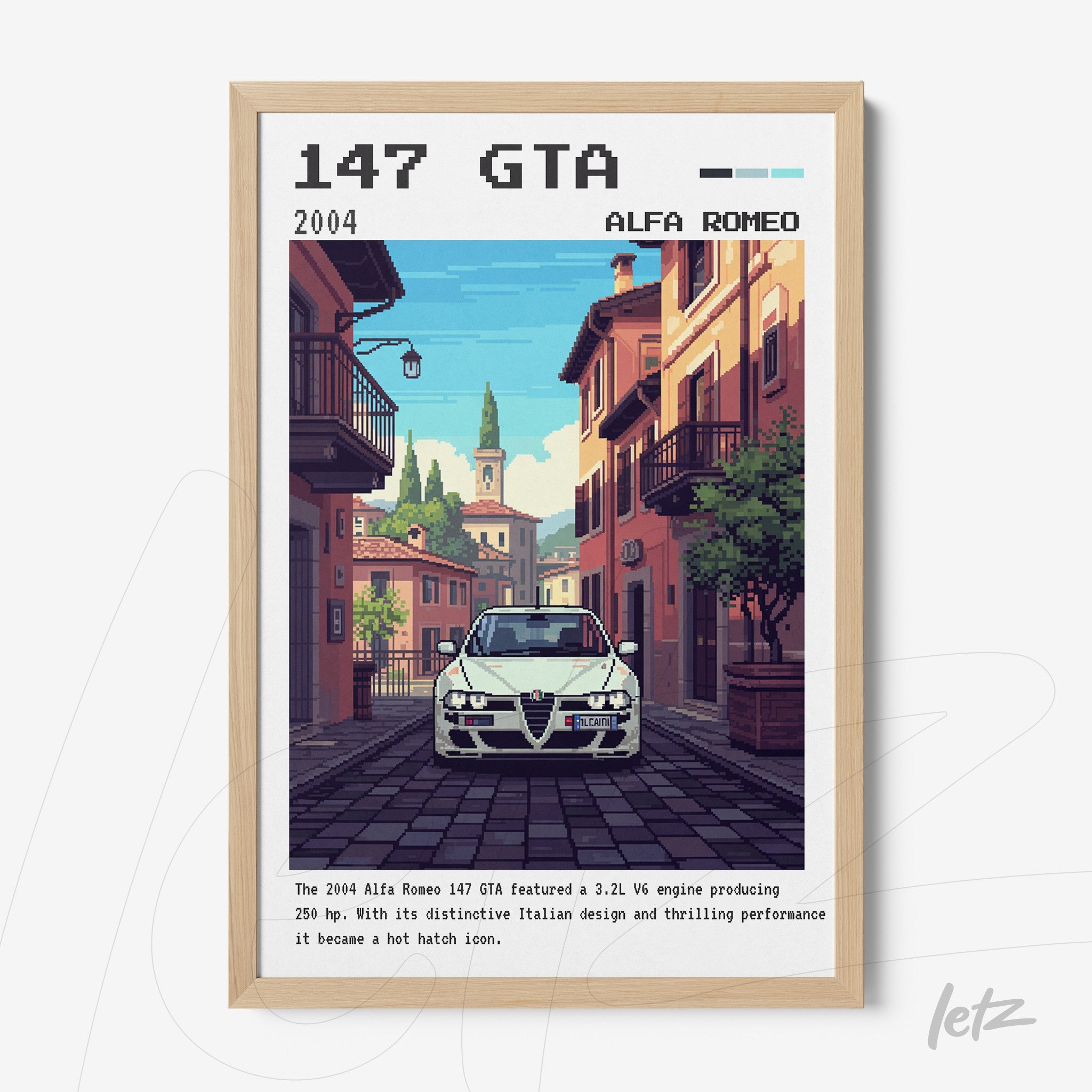quadro com arte digital do carro Alfa Romeo 147 GTA em estilo pixel art, com moldura de madeira clara e fundo retrô de uma rua italiana