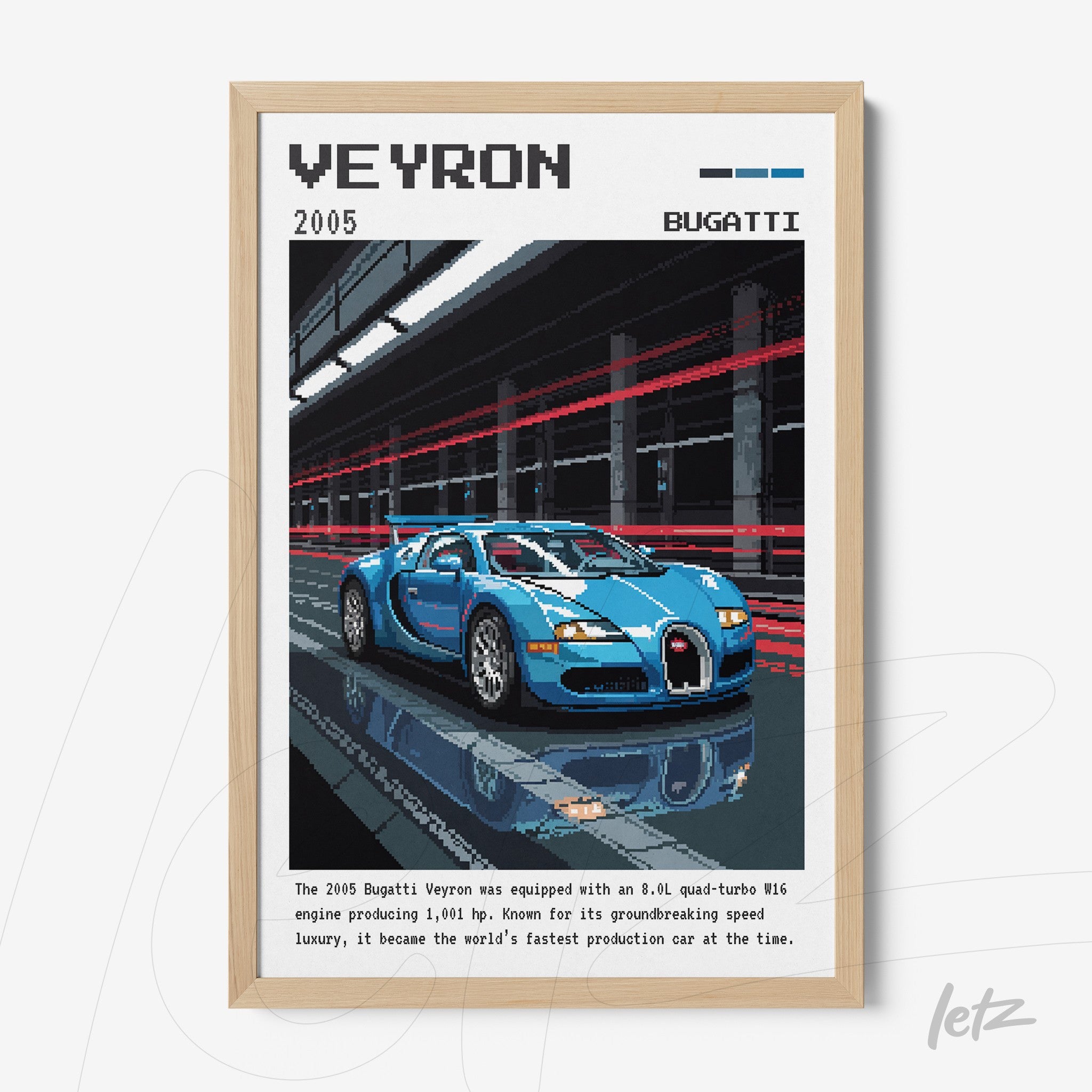 quadro com arte digital de um Bugatti Veyron em um fundo urbano com traços de velocidade, moldura de madeira clara